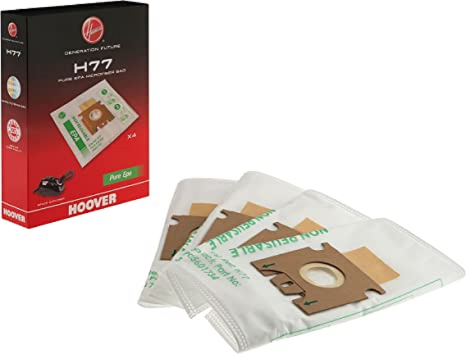 Bolsas de aspiradora en una caja. La caja es roja y blanca con la marca 'Hoover'.