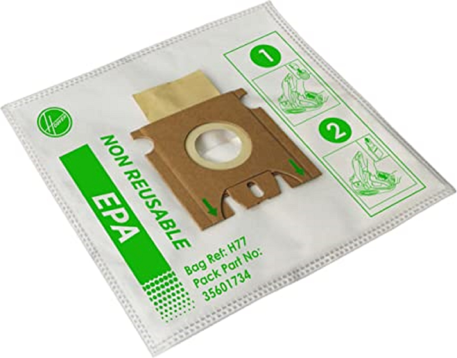 Bolsa blanca para aspiradora con detalles verdes y marrones, con las etiquetas 'Non Reusable EPA' y 'Hoover'.