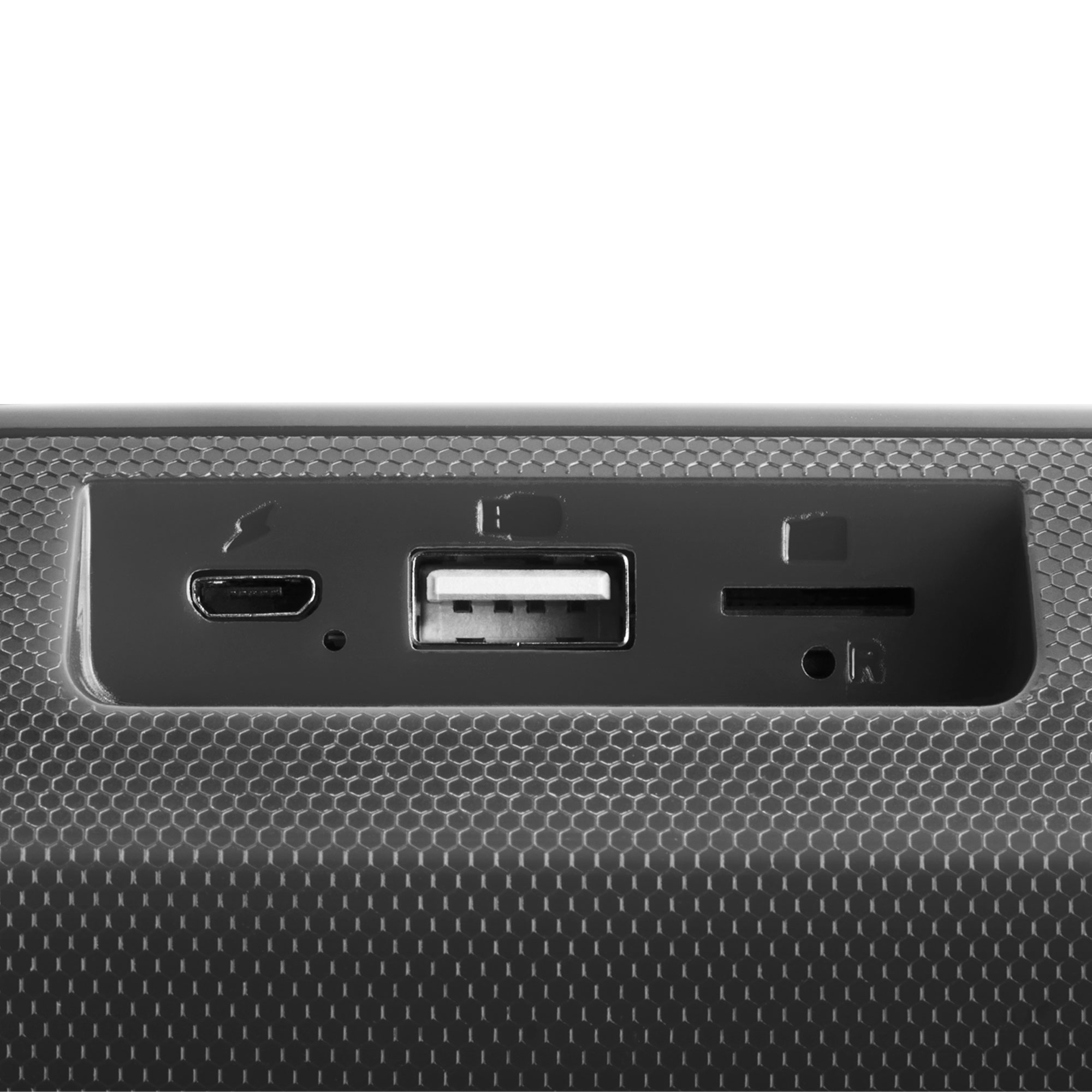 Close-up van een apparaat met poorten, waaronder USB en microSD. De achtergrond is wit.