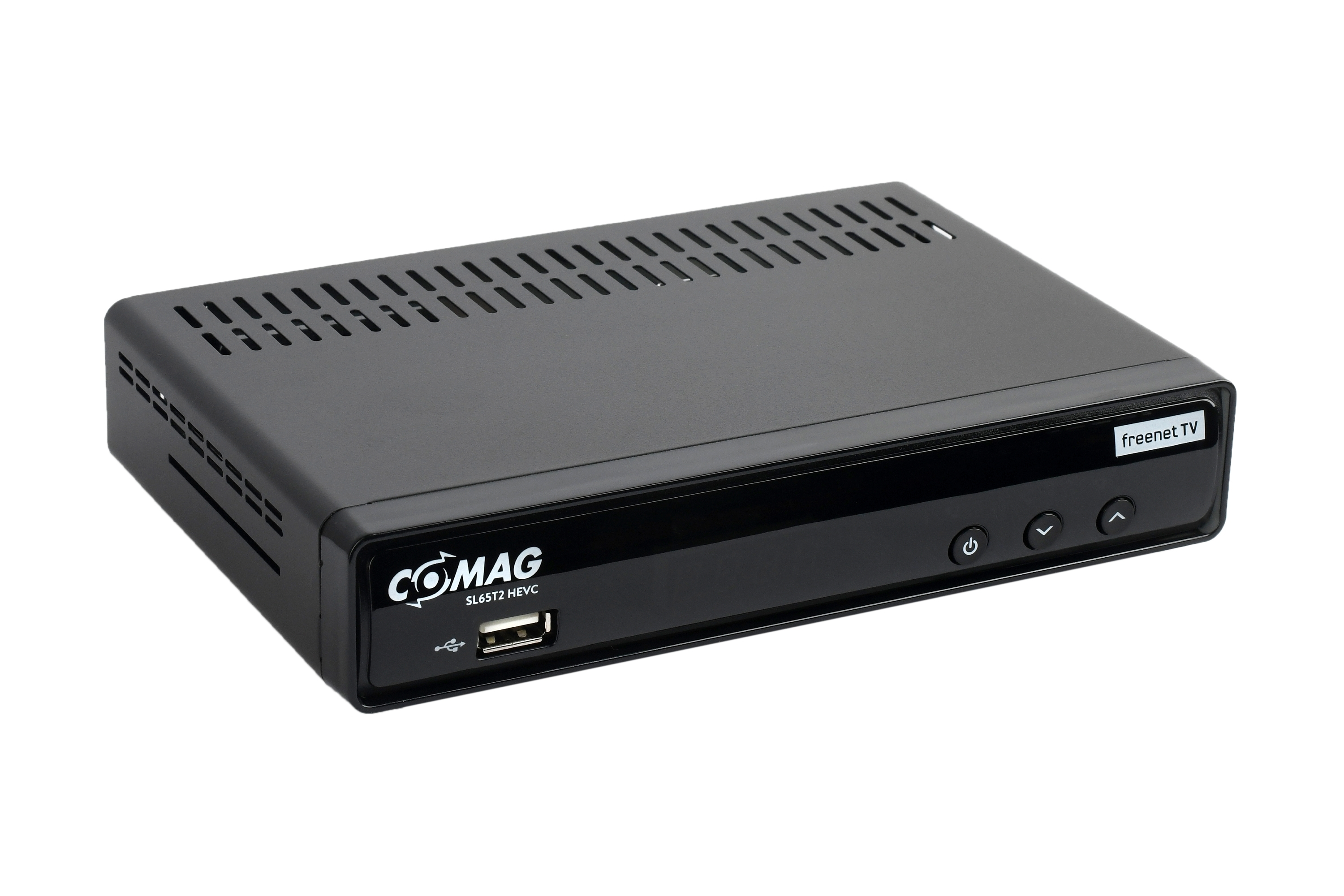 Schwarzer TV-Receiver mit freenet.tv-Logo. USB-Anschluss. Belüftete Oberseite. Schwarze glänzende Frontplatte.