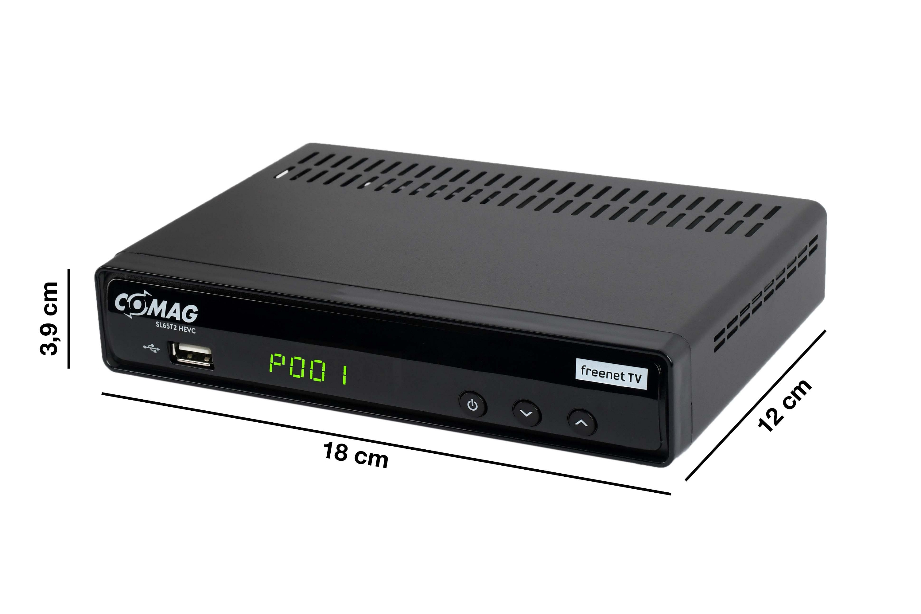Schwarzer Comag-Receiver mit Display, USB-Anschluss und Maßangaben. freenet TV Logo auf der rechten Seite.