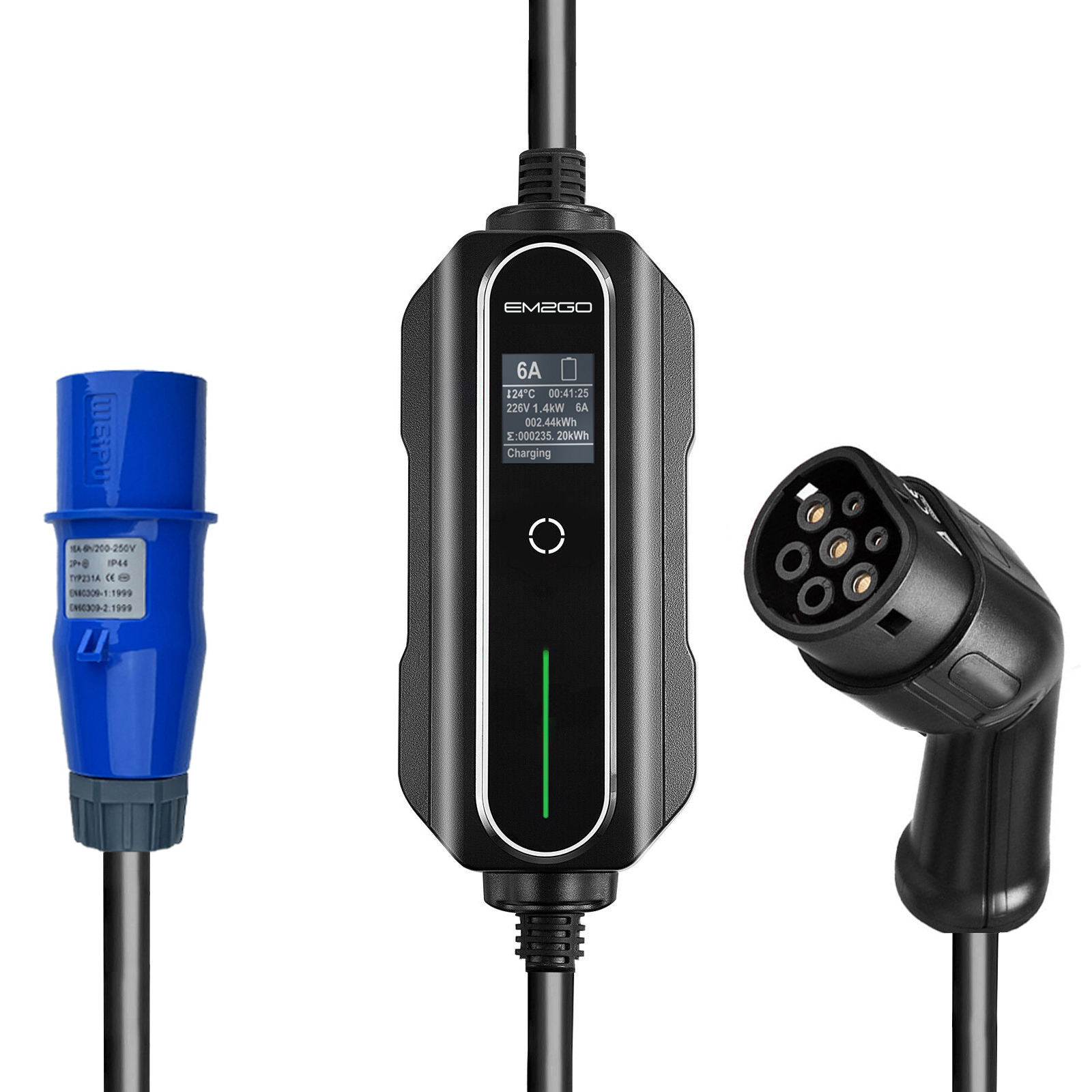 Ein EV-Ladekabel mit Anschlüssen und einer Steuerbox dazwischen.