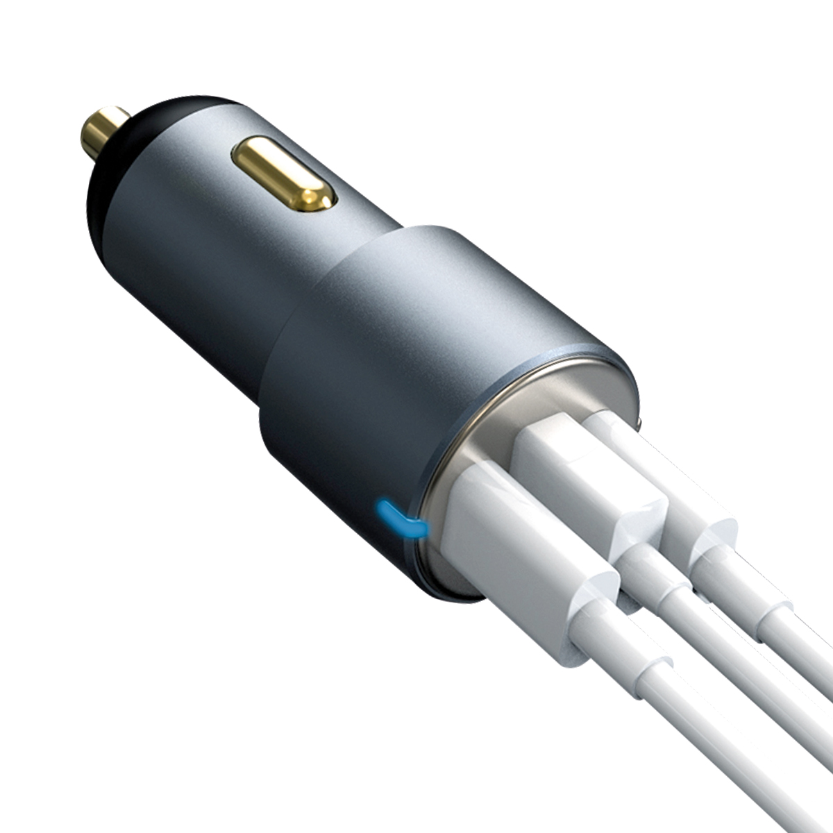 Ein metallisch graues Autoladegerät mit drei weißen USB-Kabeln. Ein blaues Licht leuchtet.