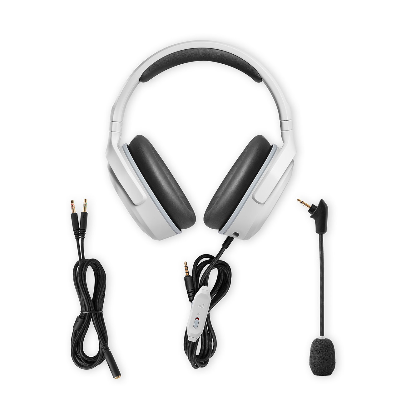 Cuffie da gaming bianche con microfono staccabile e cavi audio multipli su sfondo bianco.