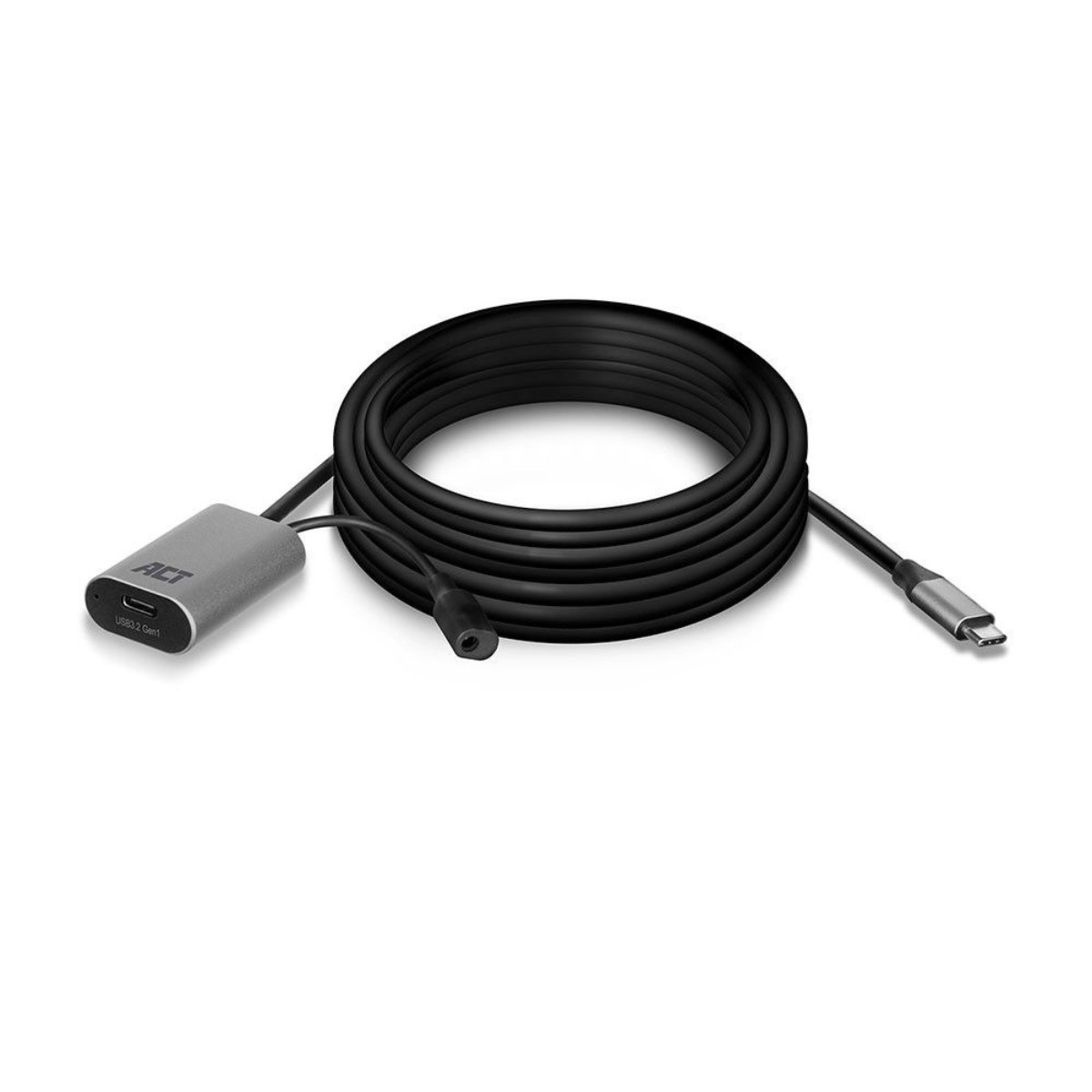 Un cavo USB-C nero con un adattatore grigio e un connettore.
