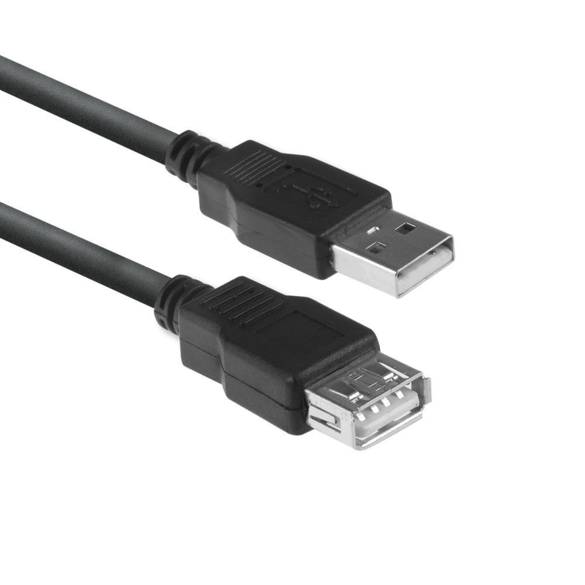 Twee USB-kabels, zwart, met USB A- en B-connectoren. Witte achtergrond.