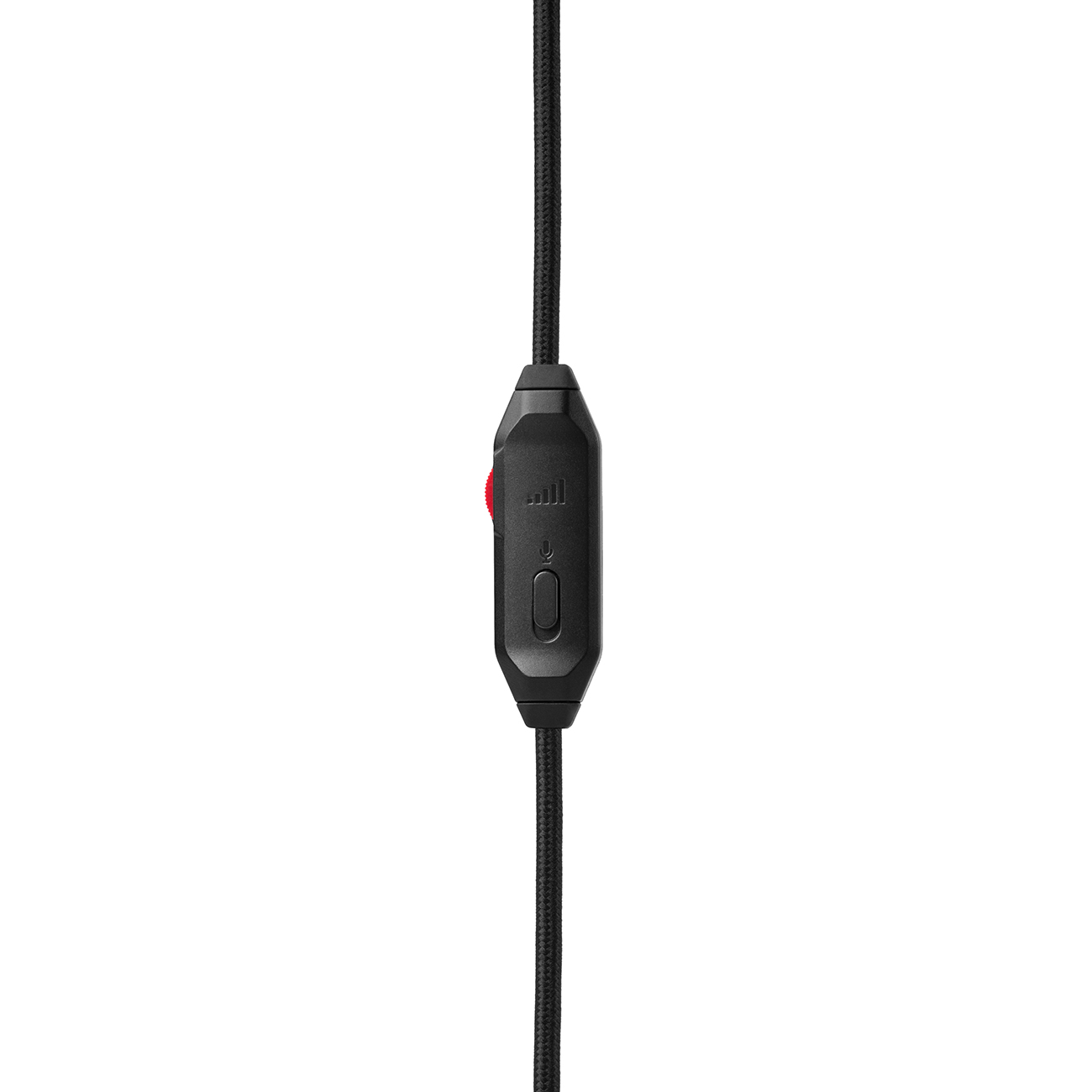 Primo piano di un telecomando in linea nero su un cavo nero. Include i pulsanti del volume e del muto.
