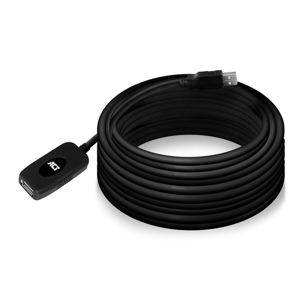 Câble d'extension USB noir enroulé. Étiquette ACT à l'extrémité.