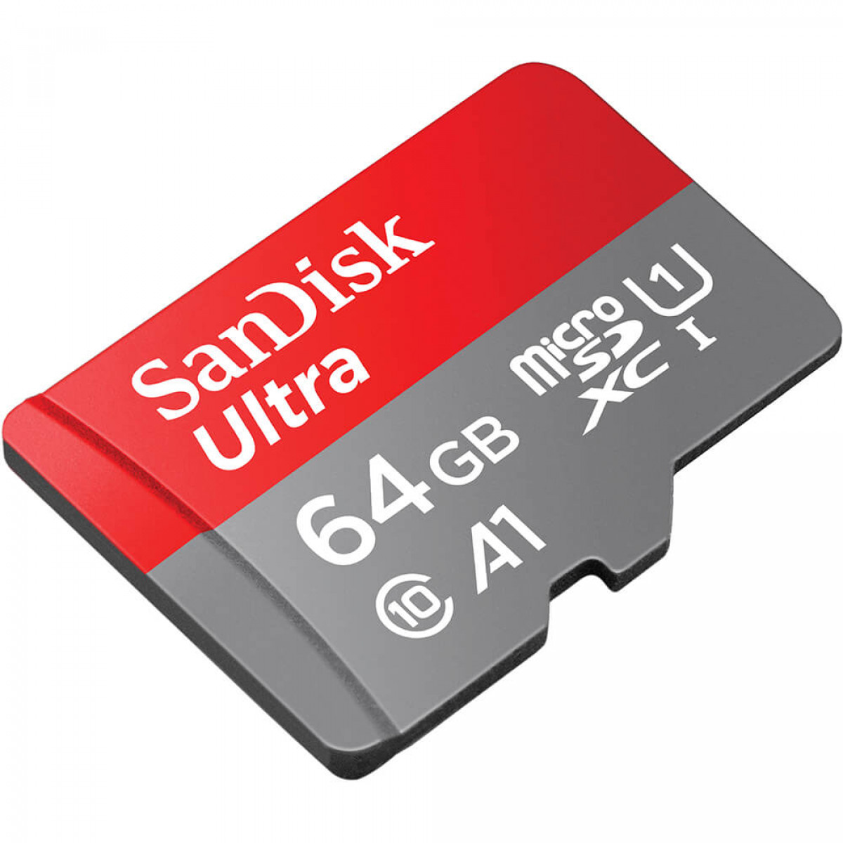 Eine rot-graue SanDisk Ultra microSD-Karte, 64 GB, mit micro SD und U1 XC I Markierungen.