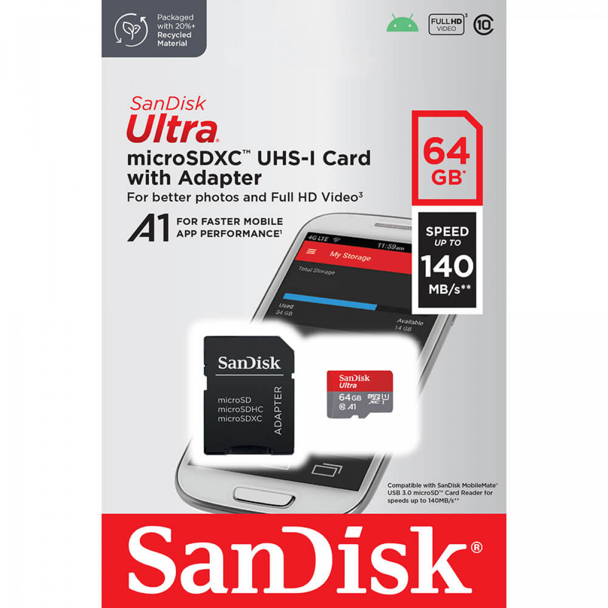 Eine SanDisk Ultra microSD-Karte mit Adapter, die Funktionen und Speicherkapazität zeigt.