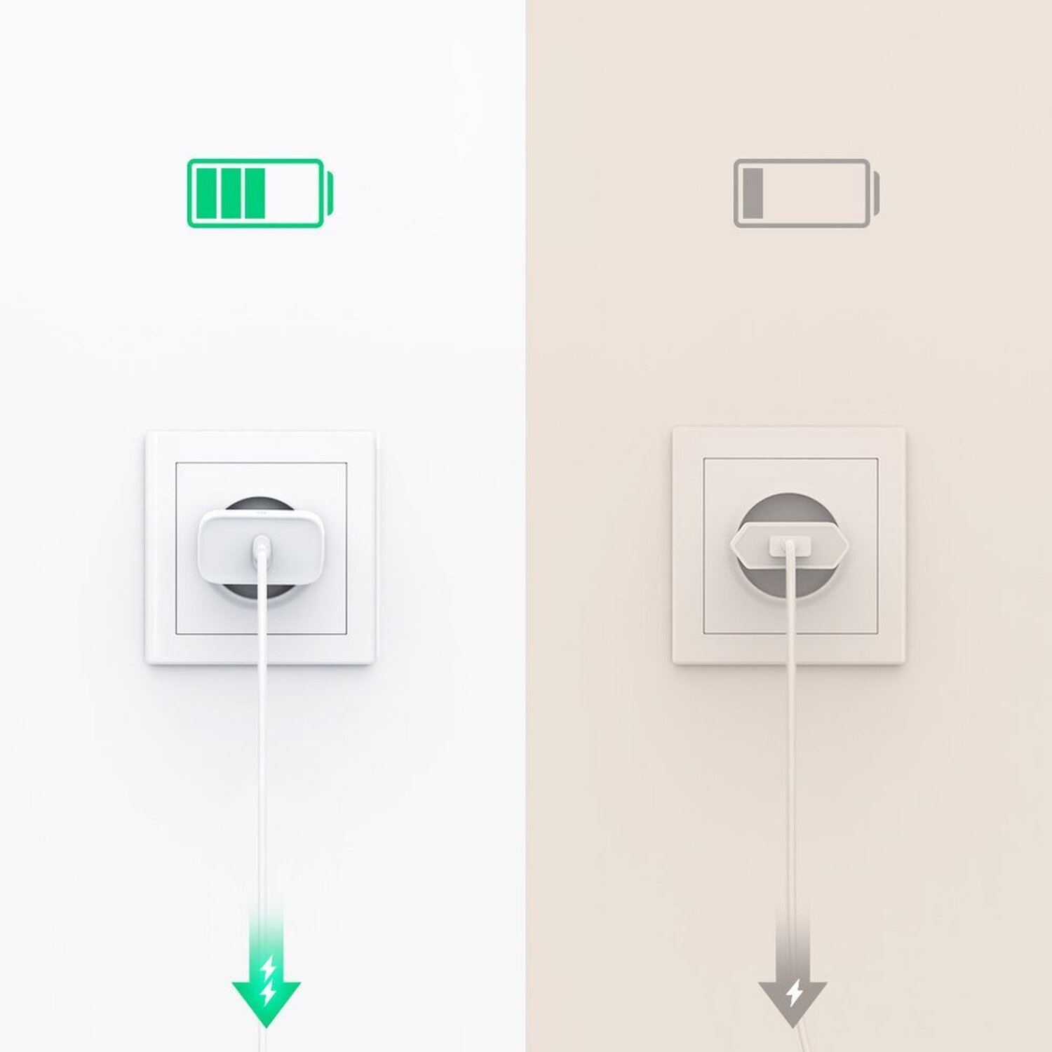 Zwei weiße Steckdosen, eine lädt mit grünem Batteriesymbol, die andere mit grauem.