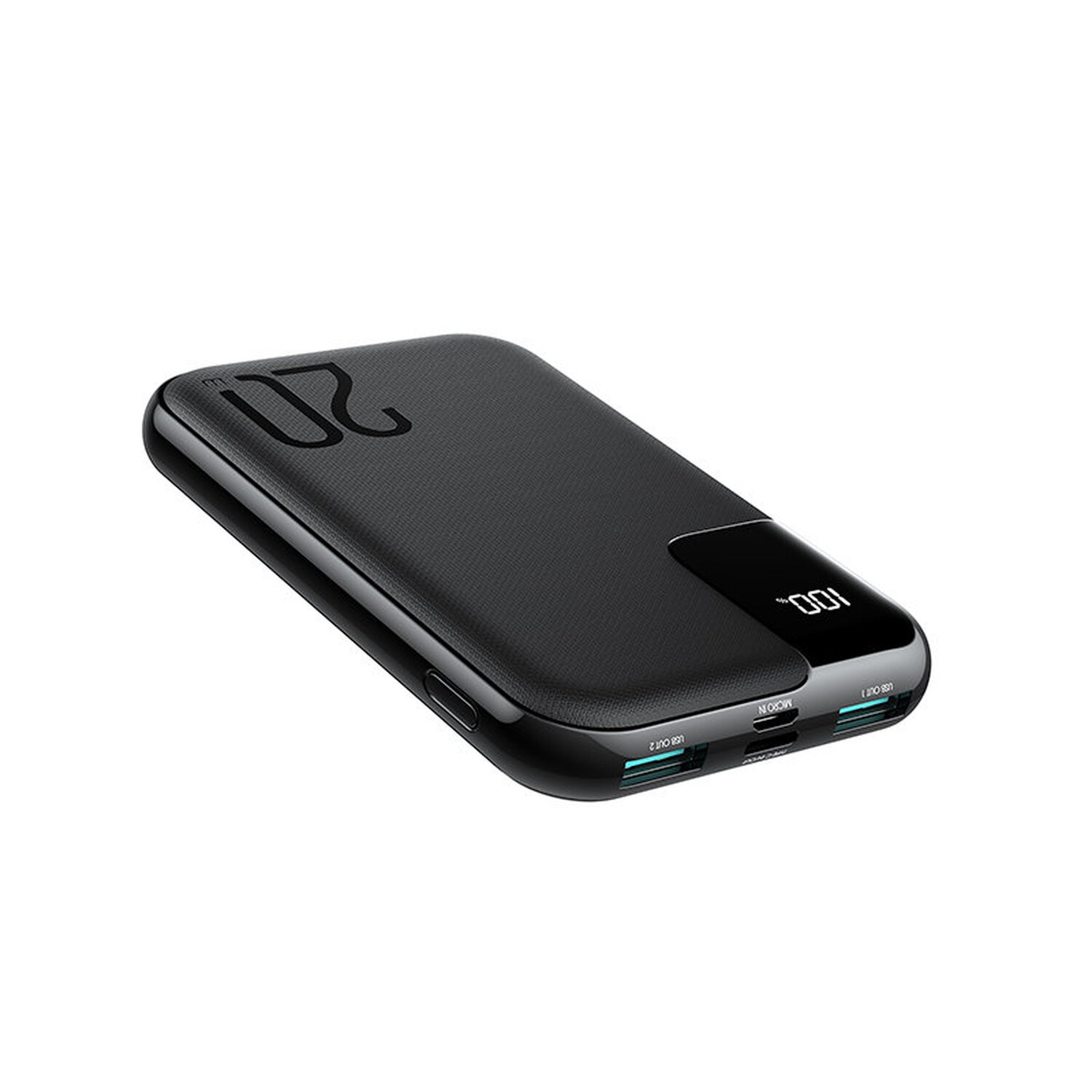 Eine schwarze Powerbank mit Digitalanzeige, die den Akkustand anzeigt. USB-Anschlüsse sind sichtbar.