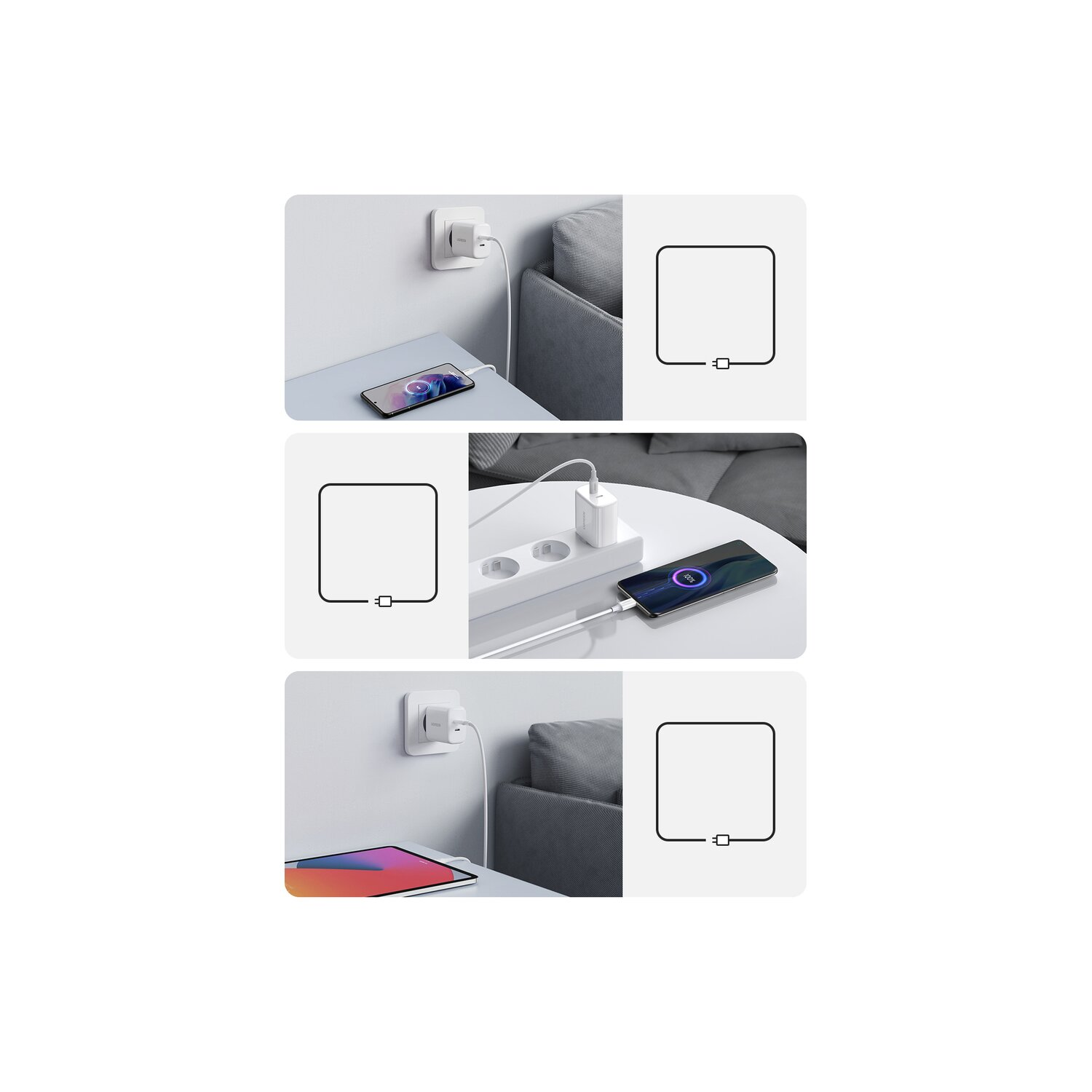 Drei Bilder, die Telefone und Tablets zeigen, die mit verschiedenen Ladegeräten und Steckdosentypen geladen werden.
