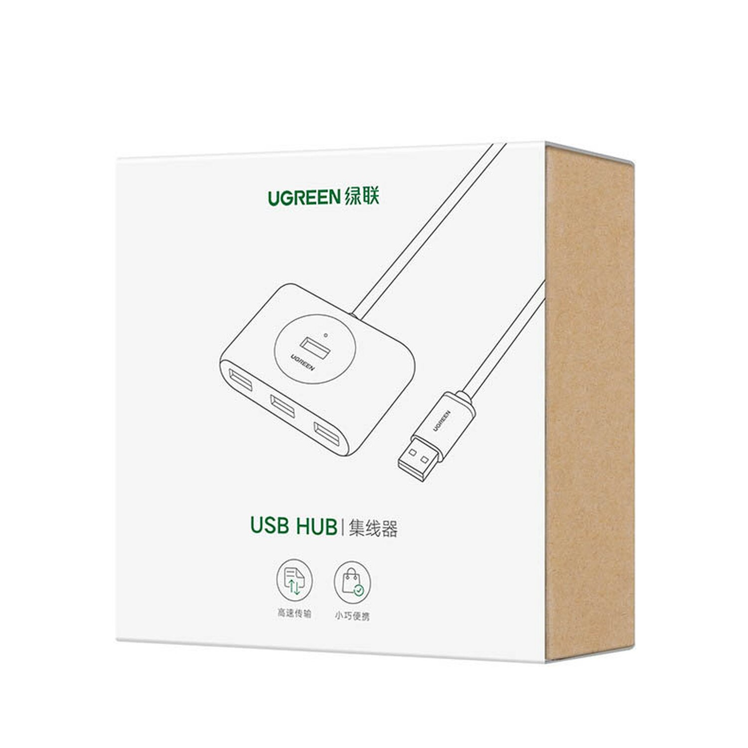 Eine weiße und braune USB-Hub-Box, die das Produkt mit chinesischem Text und Symbolen zeigt.