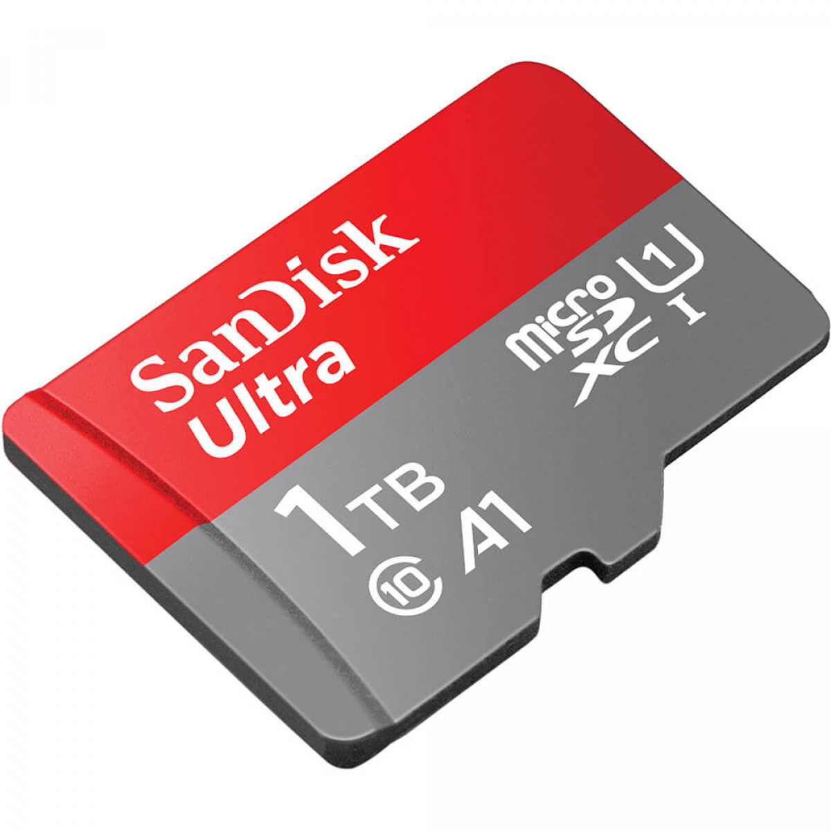 Carte microSD SanDisk Ultra 1TB rouge et grise, montrant la carte avec du texte et le logo Micro SDXC.