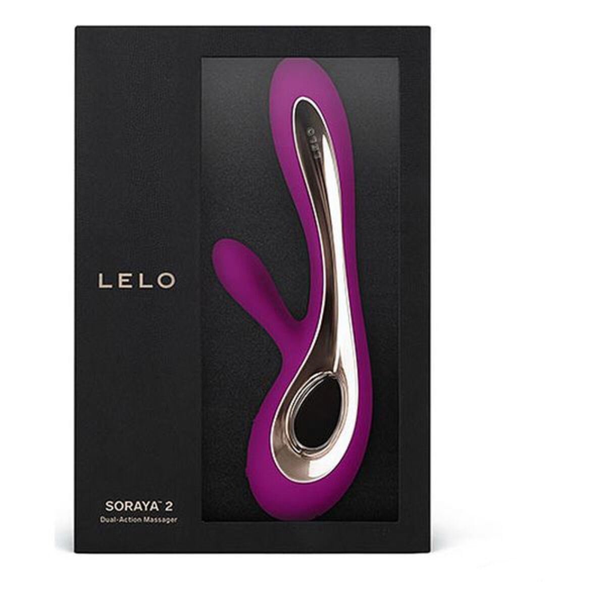 Masajeador Lelo Soraya 2 en una caja negra. El masajeador es de color morado y dorado.