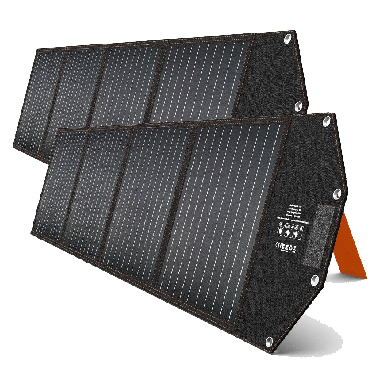 Zwei schwarze Solarmodule mit schwarzen Rahmen und einem Ständer. Sie dienen wahrscheinlich der Stromerzeugung.