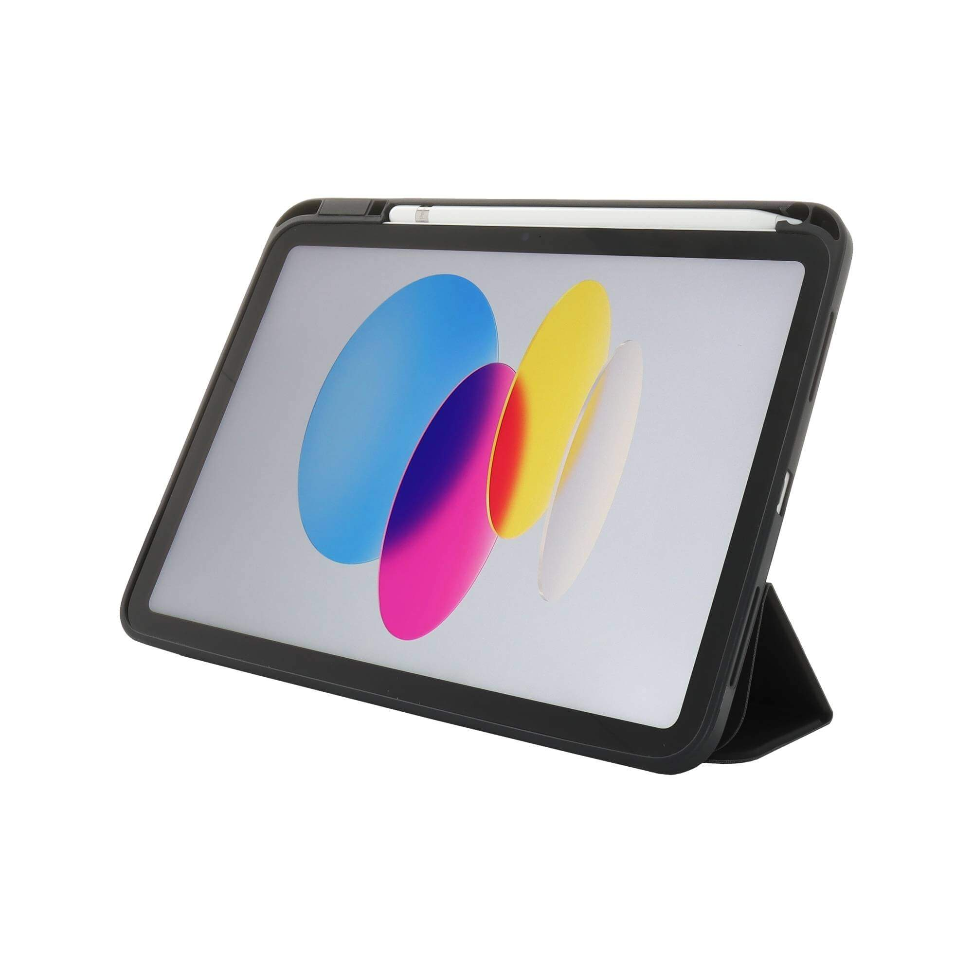 Ein Tablet mit schwarzem Gehäuse und Stift, das Display zeigt ein farbenfrohes Bild.