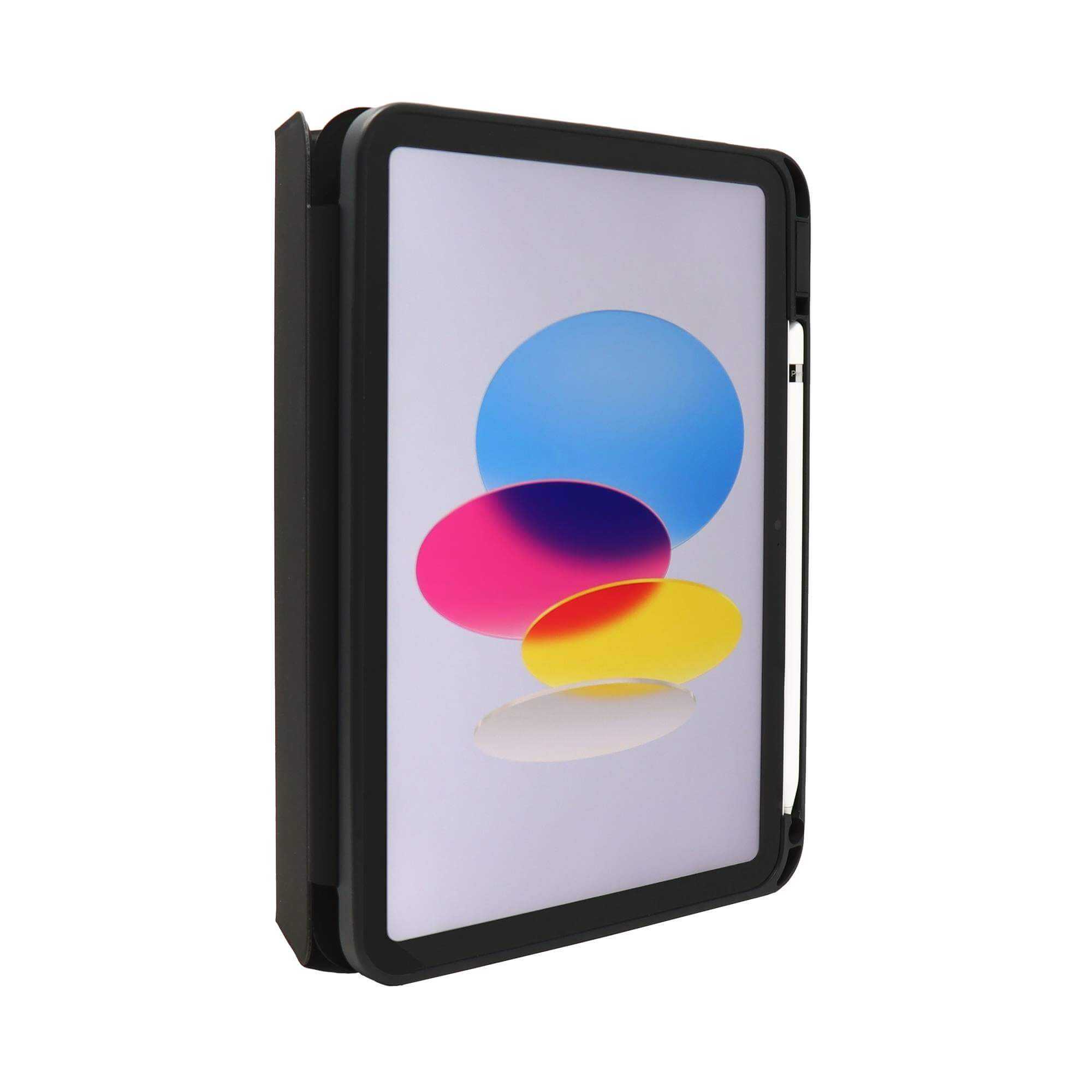 Schwarze iPad-Hülle mit farbenfrohem, abstraktem Design auf dem Bildschirm, Seitenansicht, weißer Hintergrund.