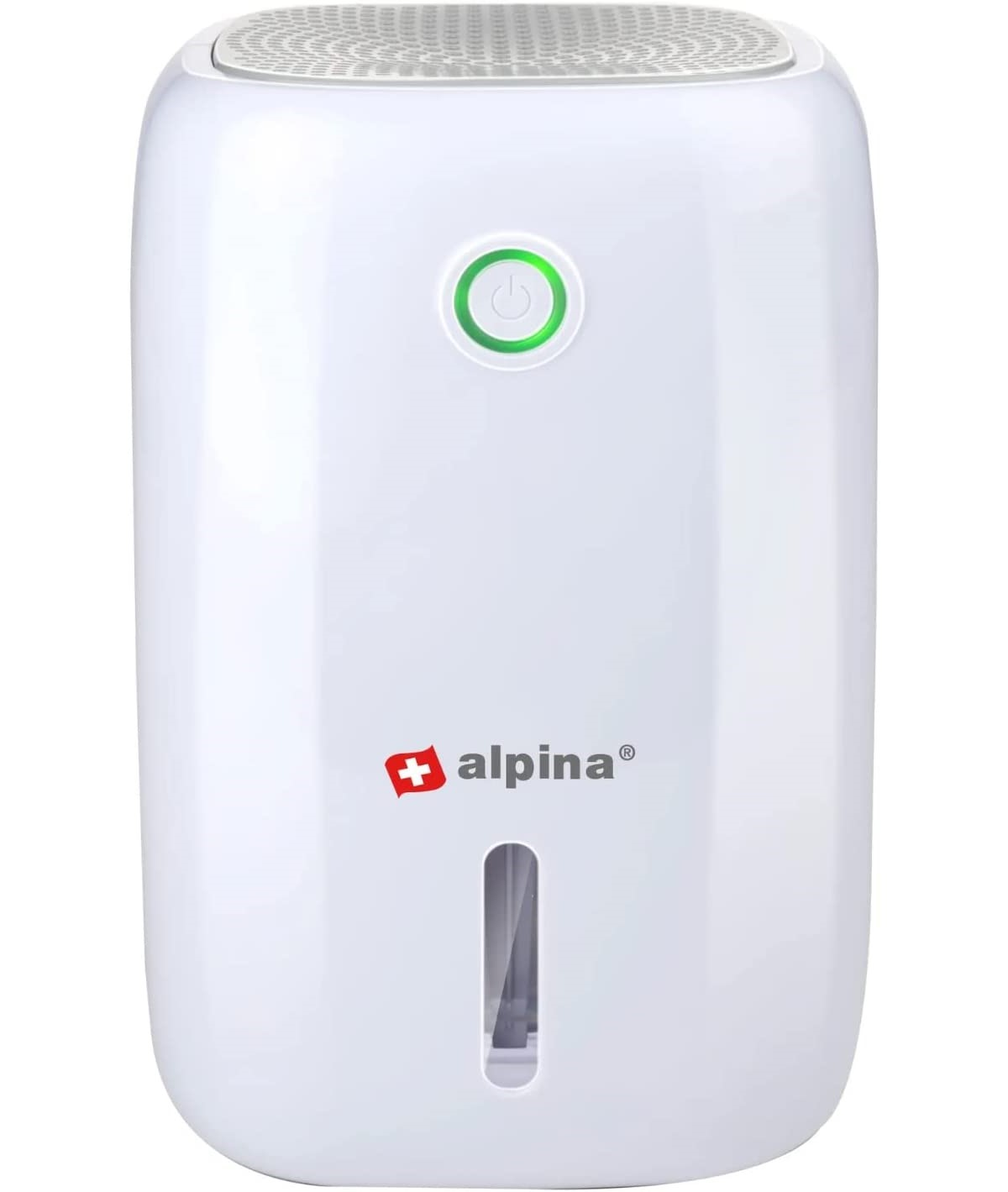 Ein weißer, aufrechter Luftentfeuchter mit grünem Ein-/Aus-Knopf und dem 'alpina'-Logo.
