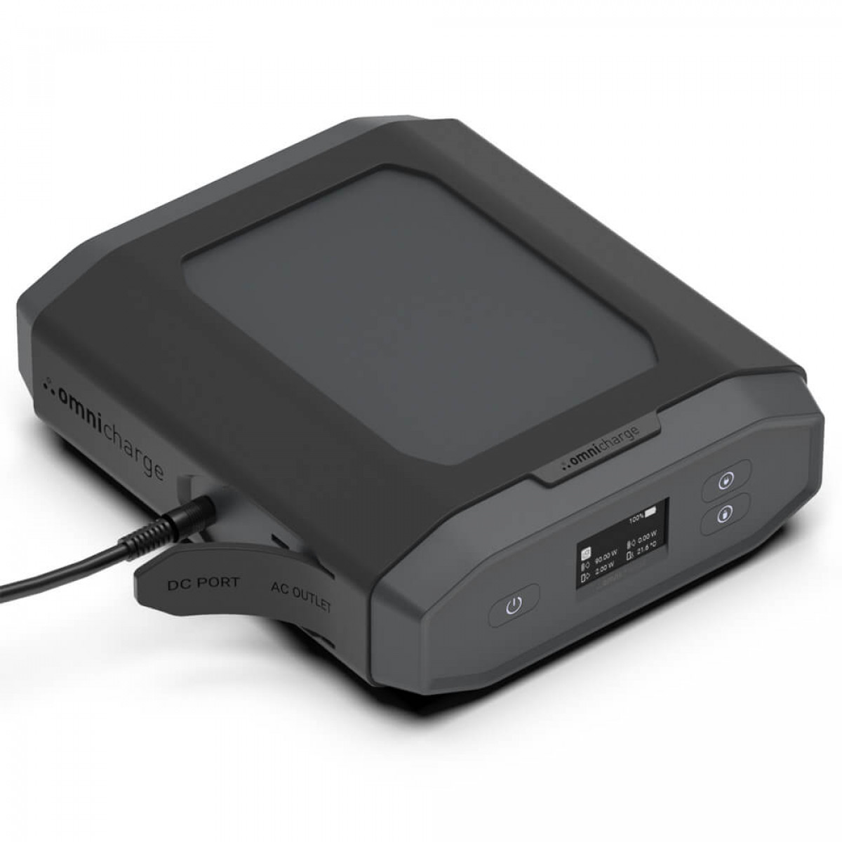Un dispositivo nero e grigio con le parole 'omnicharge' e porte etichettate 'DC PORT' e 'AC OUTLET'.