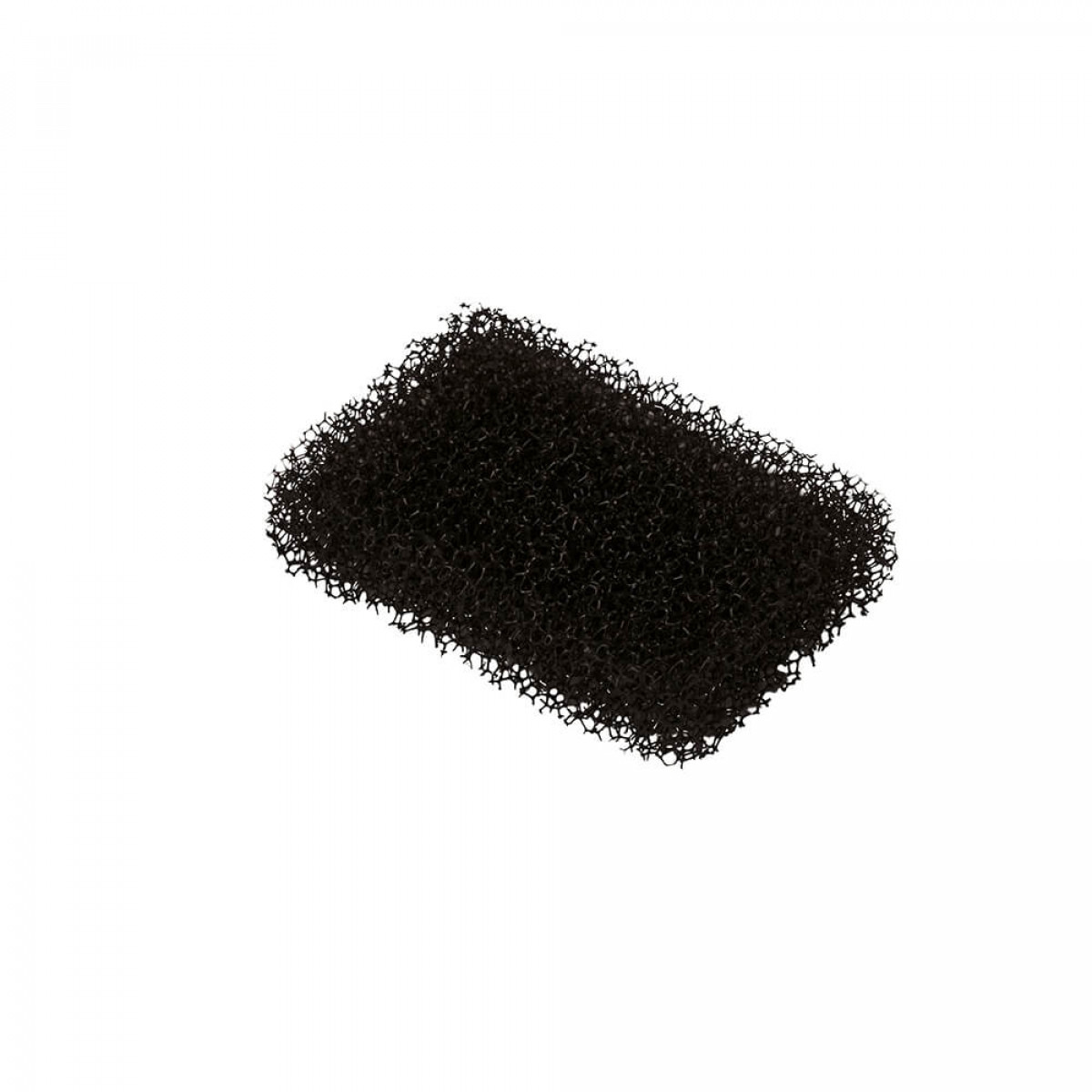 Filtro in schiuma nero rettangolare, isolato su sfondo bianco. Ha una superficie porosa.