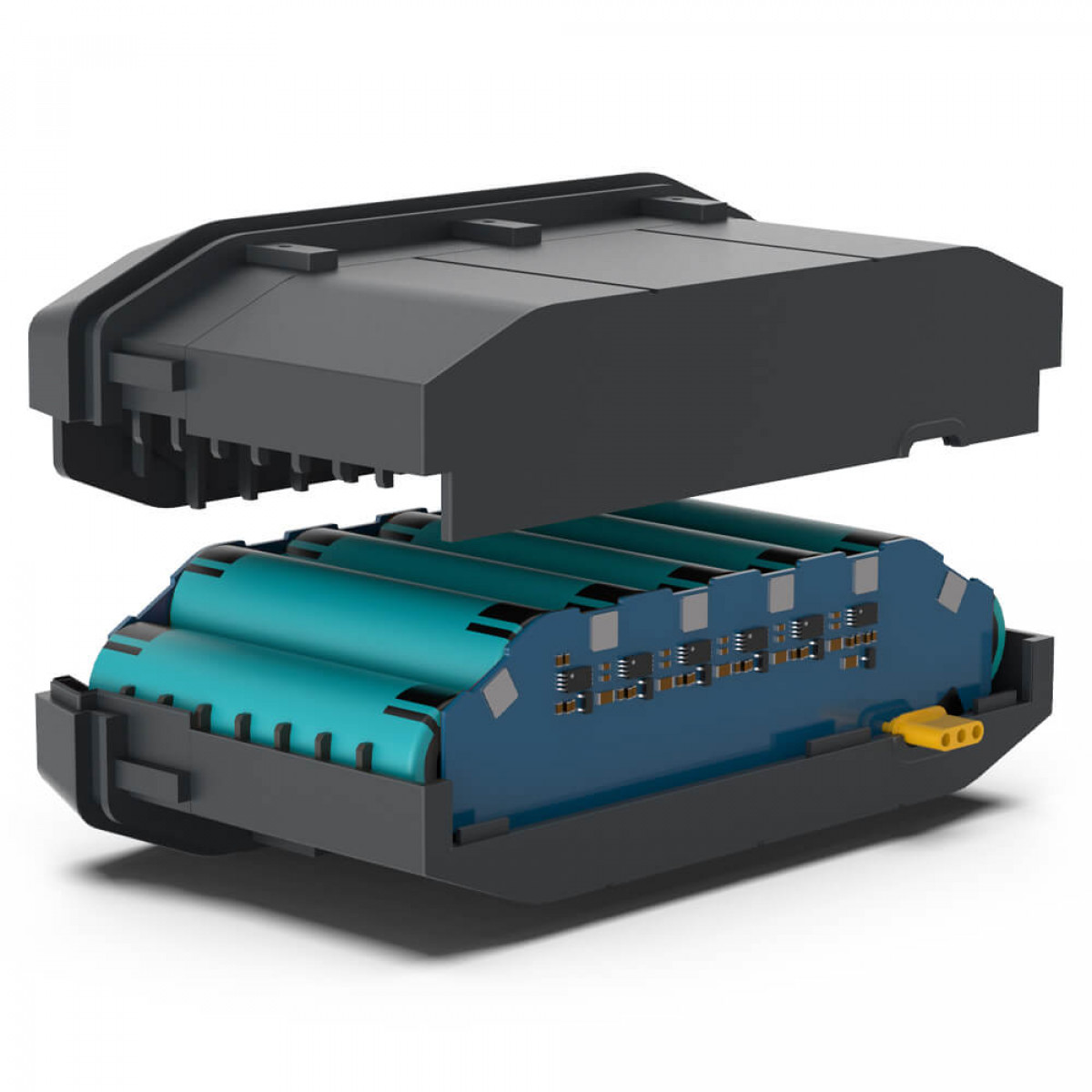 Pacco batteria aperto. Celle blu all'interno, involucro nero. Sfondo bianco, isolato.