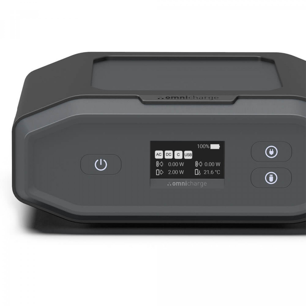Una centrale elettrica OmniCharge grigio scuro con un display che mostra il consumo di energia, il livello della batteria e la temperatura.