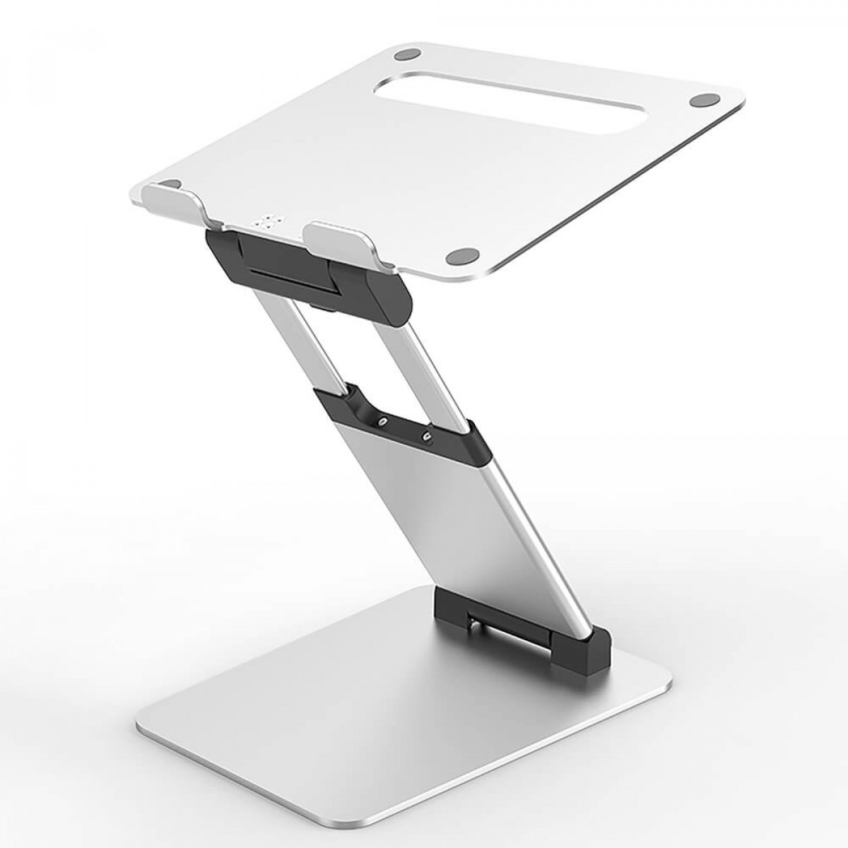 Silberner Laptopständer. Er ist verstellbar und hat eine Basis. Der Ständer steht auf weißem Hintergrund.