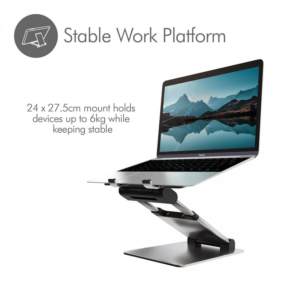 Laptop auf einem Ständer. Der Ständer ist silber und schwarz. Stabile Arbeitsplattform gezeigt.