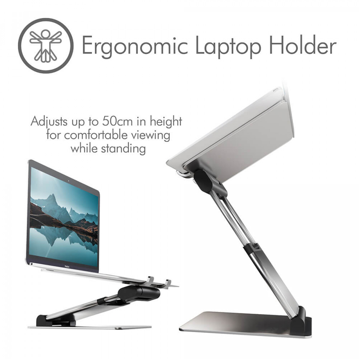 Ergonomischer Laptop-Halter mit Laptop, auf weißem Hintergrund.