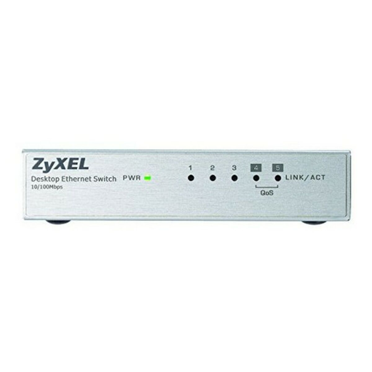 Uno switch Ethernet da scrivania ZyXEL argentato con cinque porte e spie.