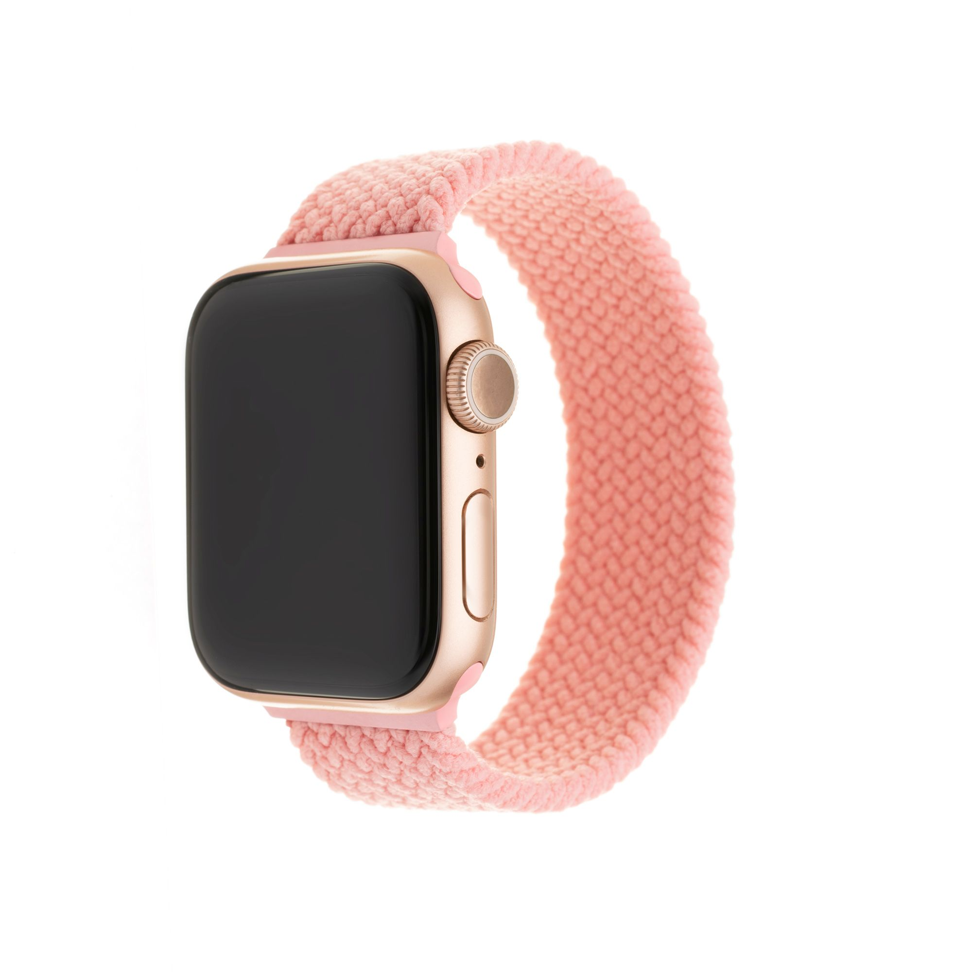 Apple Watch mit pinkfarbenem geflochtenem Solo Loop Armband. Goldenes Gehäuse. Weißer Hintergrund.