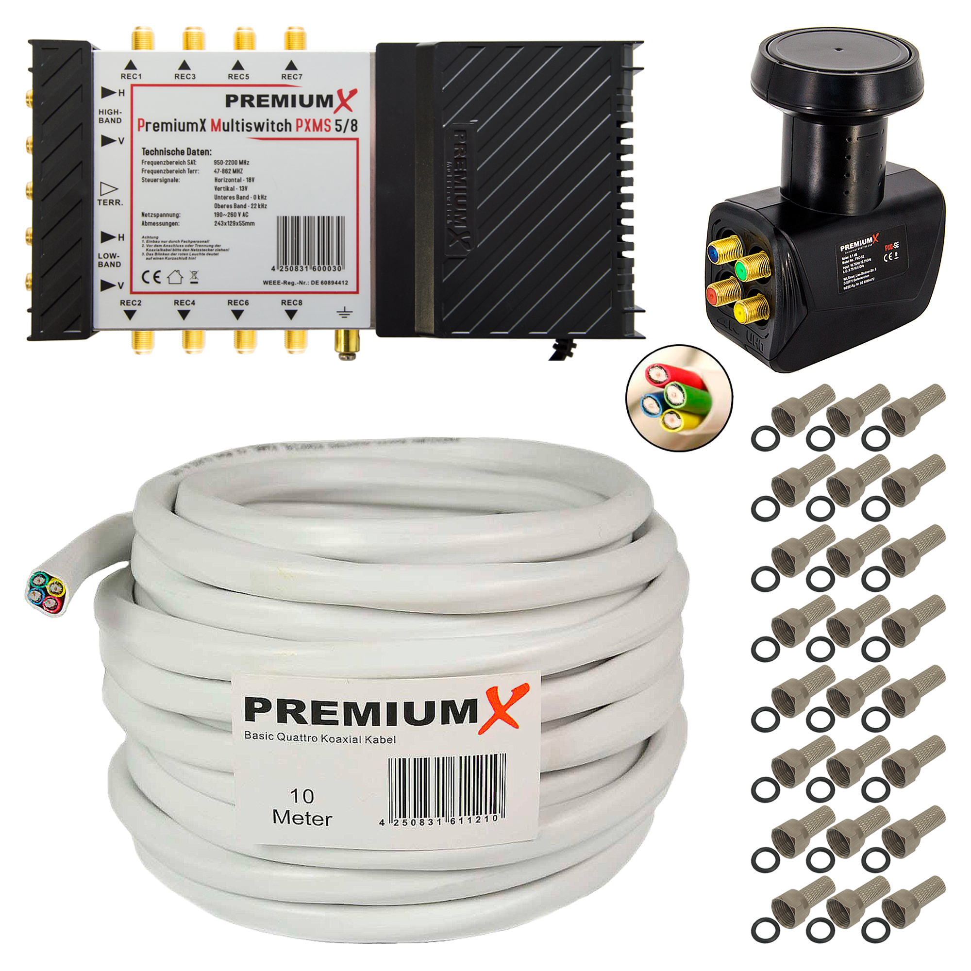 PREMIUMX Multischalter 5/8 LNB Sat-Multischalter SAT 10m Netzteil Antennenkabel Quattro Quattro