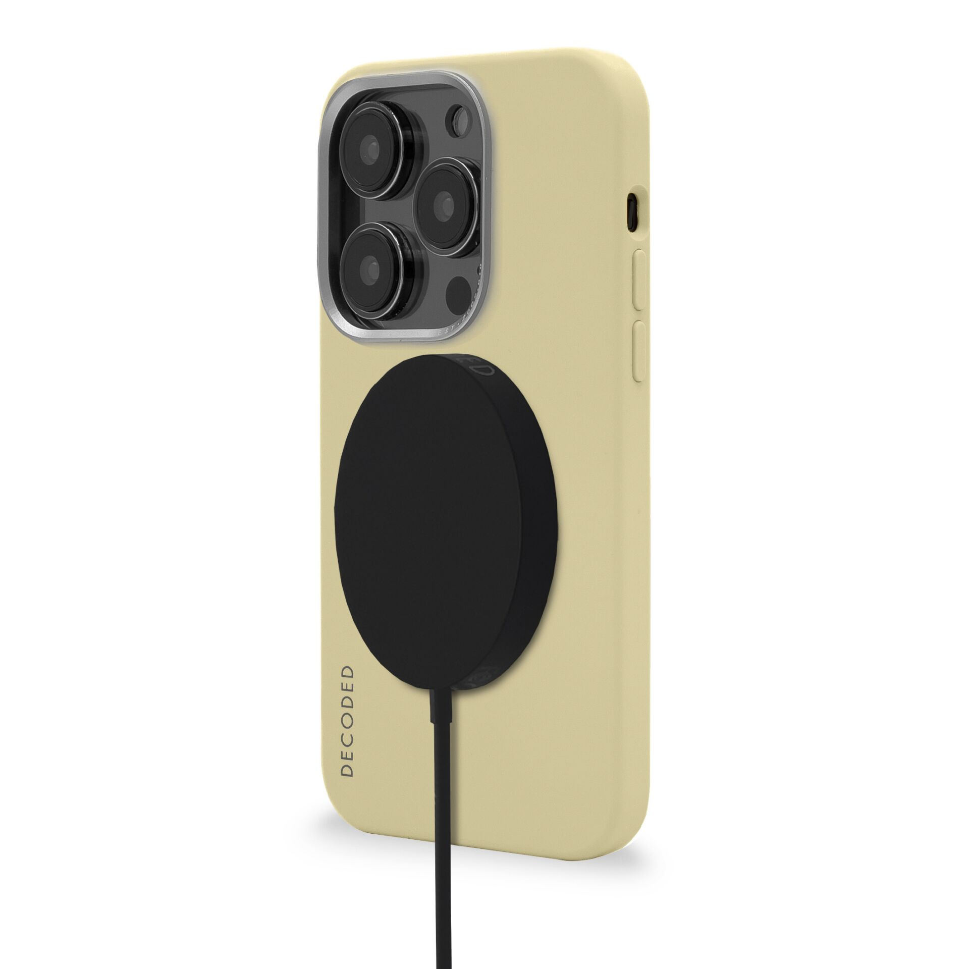 Una custodia per telefono giallo chiaro con un cerchio nero attaccato. La custodia ha una fotocamera.