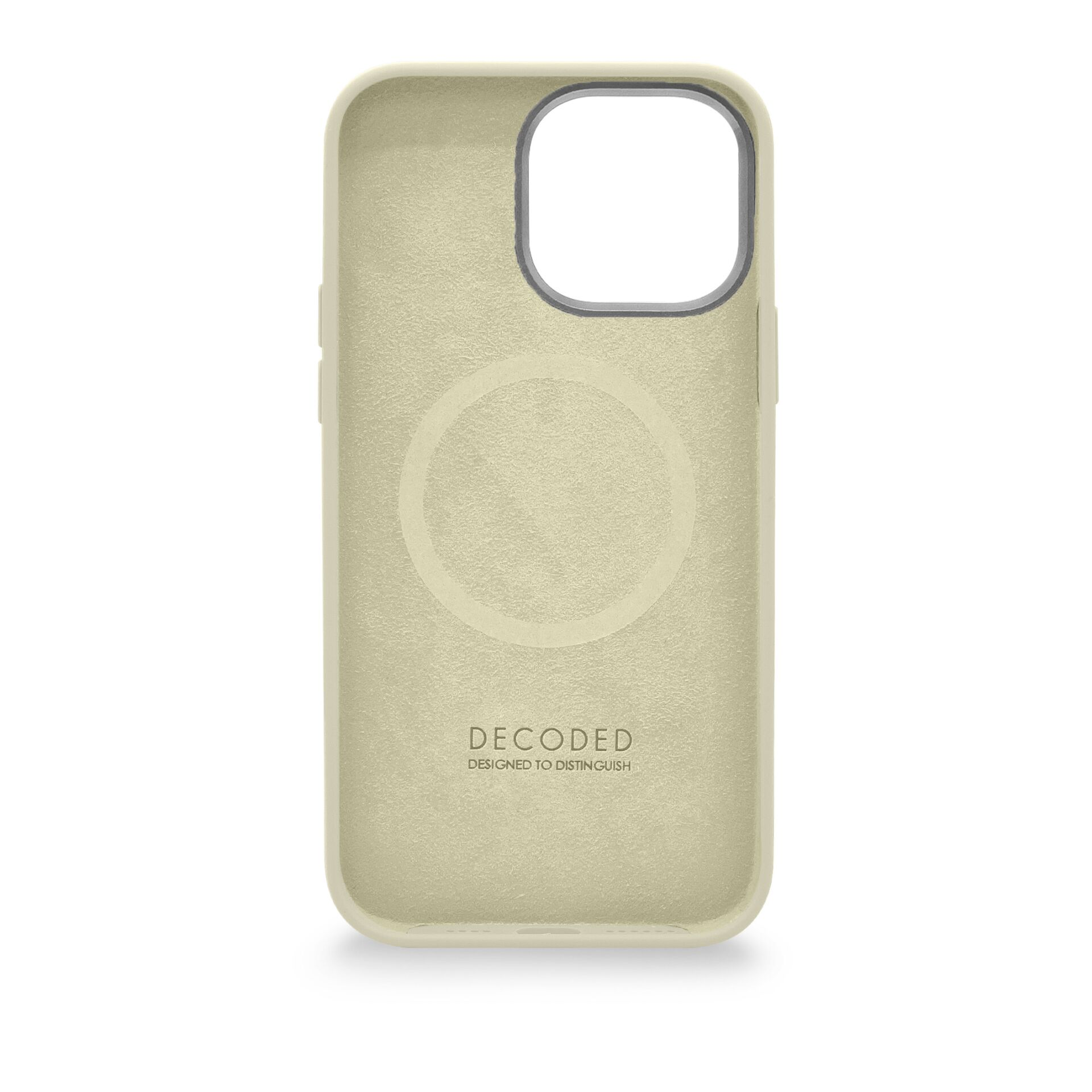 Custodia per telefono beige con design a cerchio, la parola 'DECODED' è visibile.