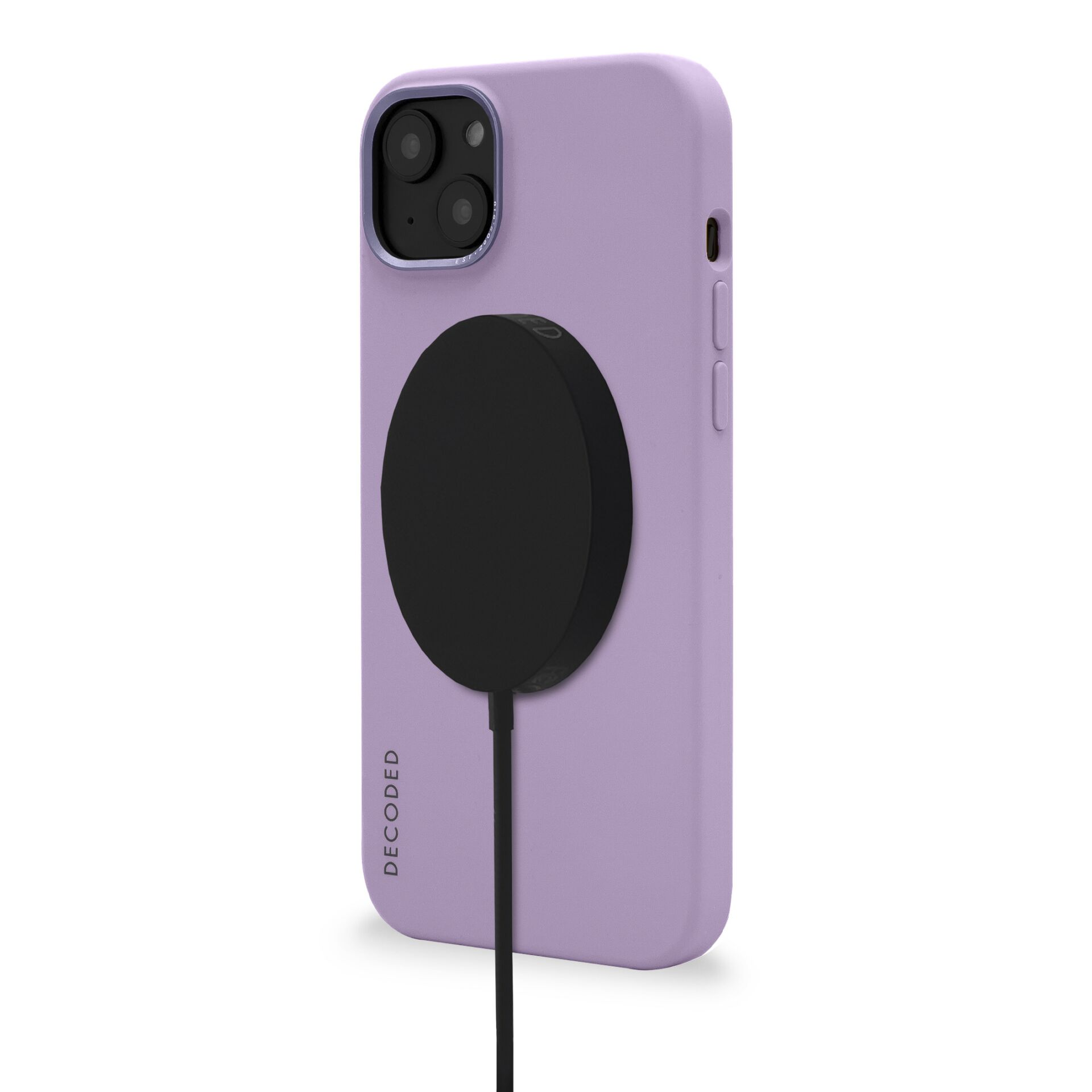Una custodia per telefono con un caricatore magnetico nero collegato. La custodia è lavanda.