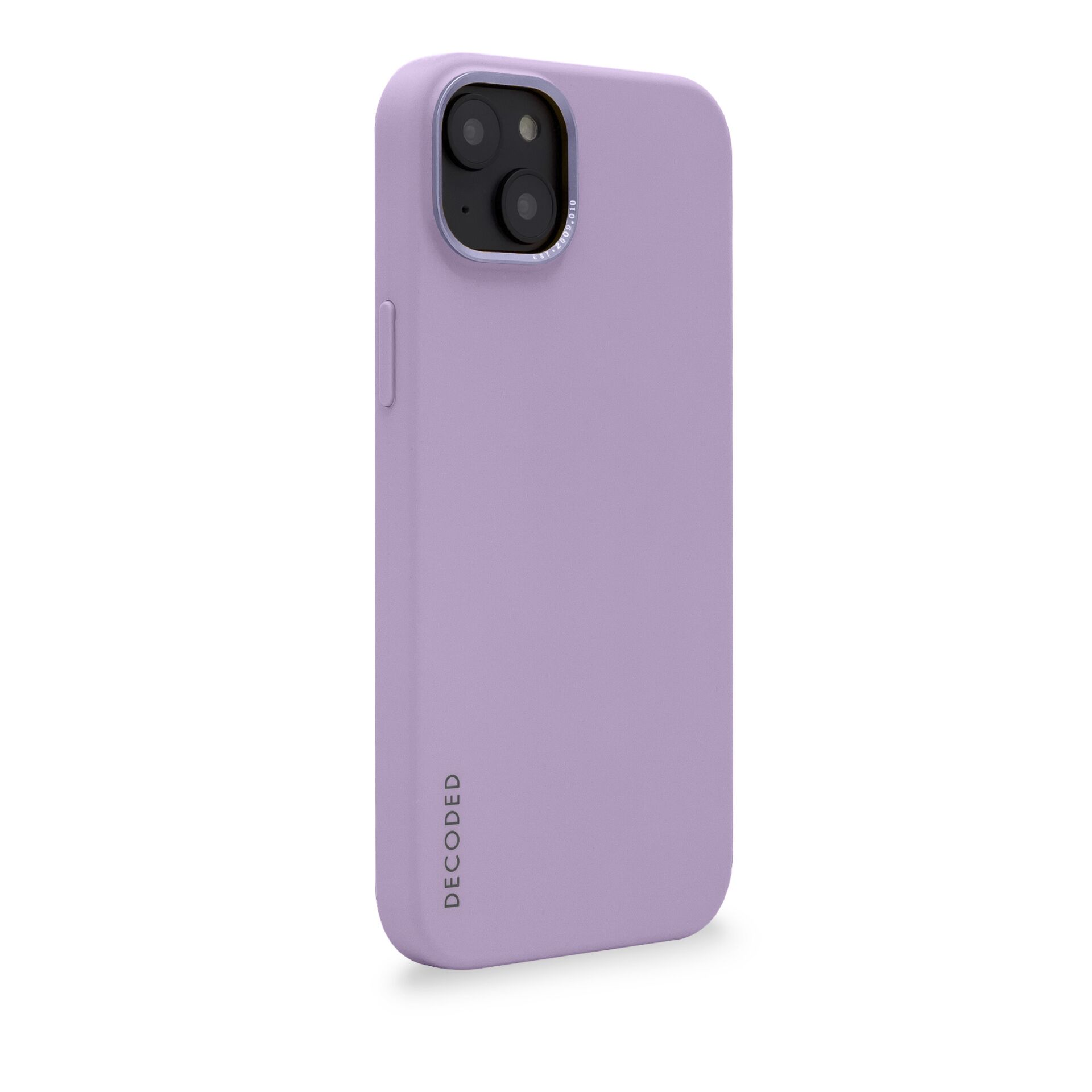 Una custodia per telefono color lavanda con la parola 'DECODED' stampata sopra.