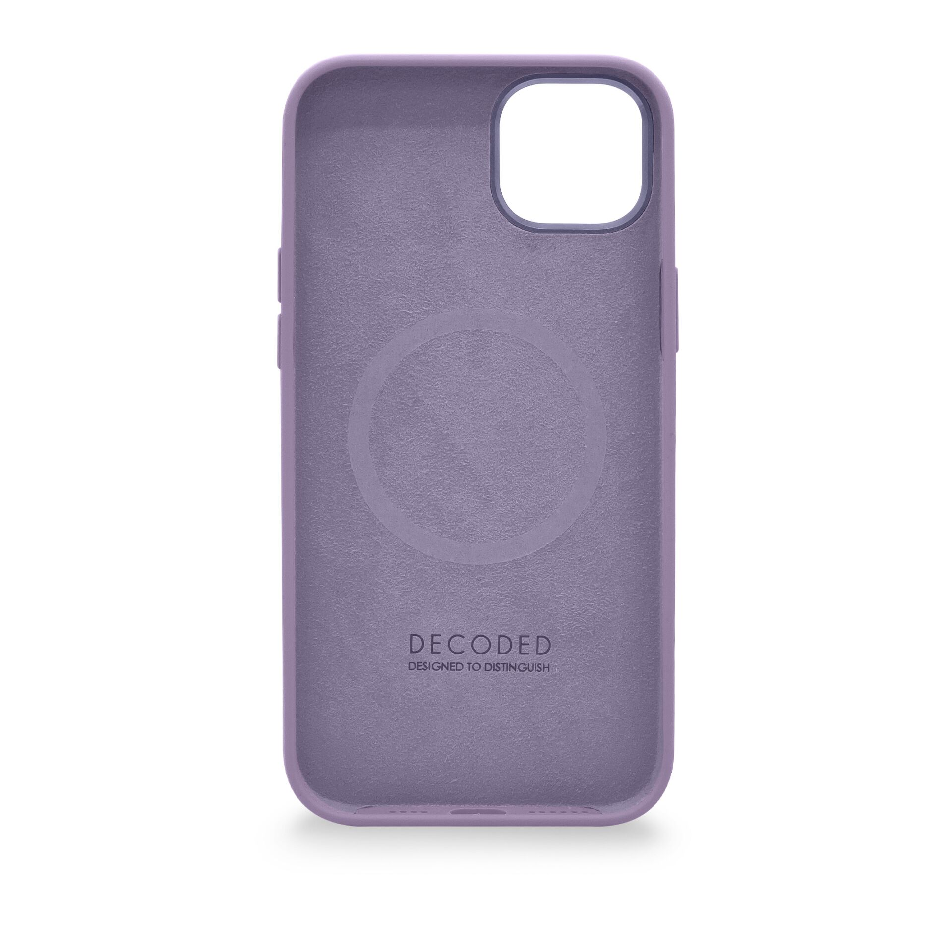 Interno di una custodia per telefono viola con un cerchio al centro e il testo 'DECODED'.