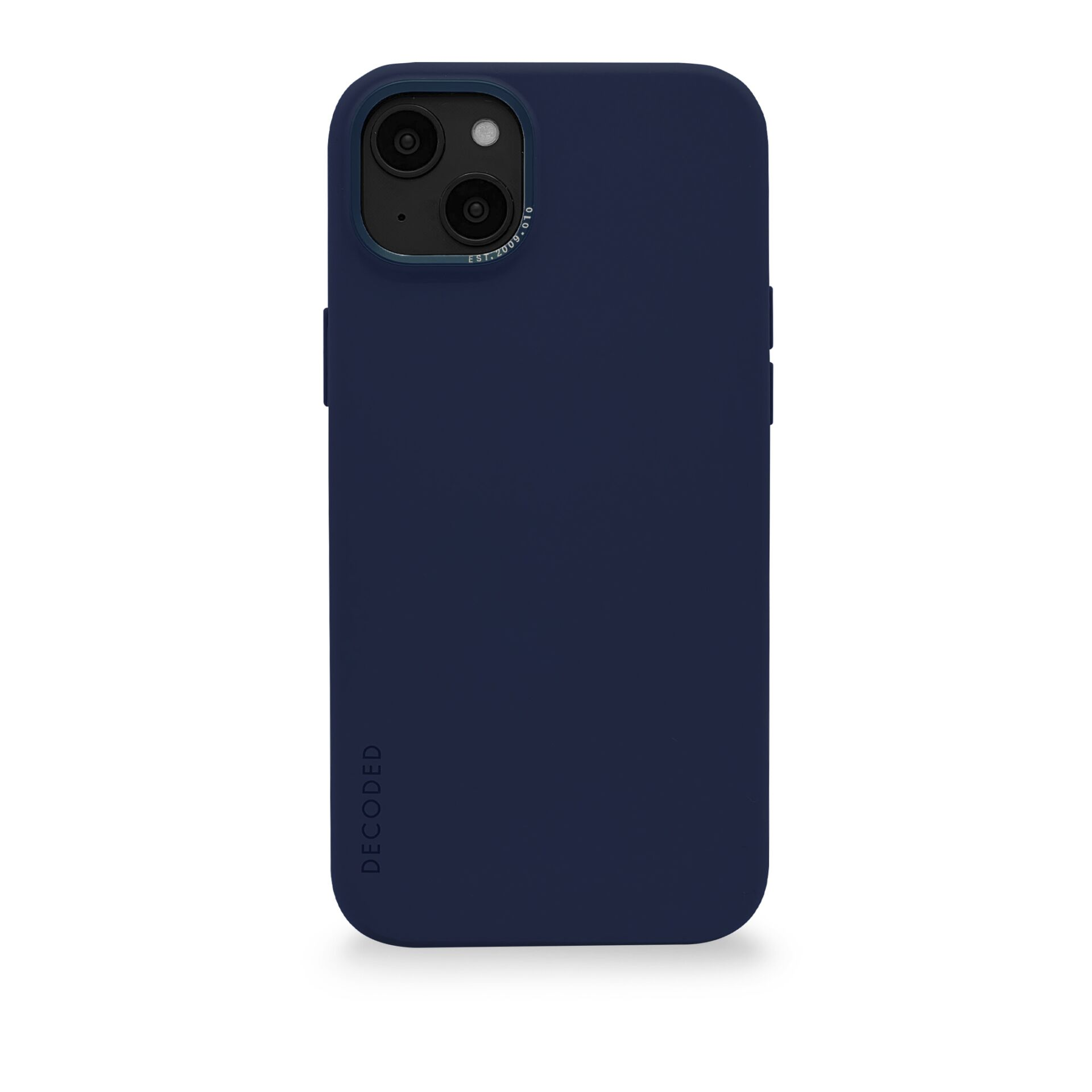 Custodia per telefono blu scuro con ritaglio per fotocamera e la parola 'DECODED'. Sfondo bianco.