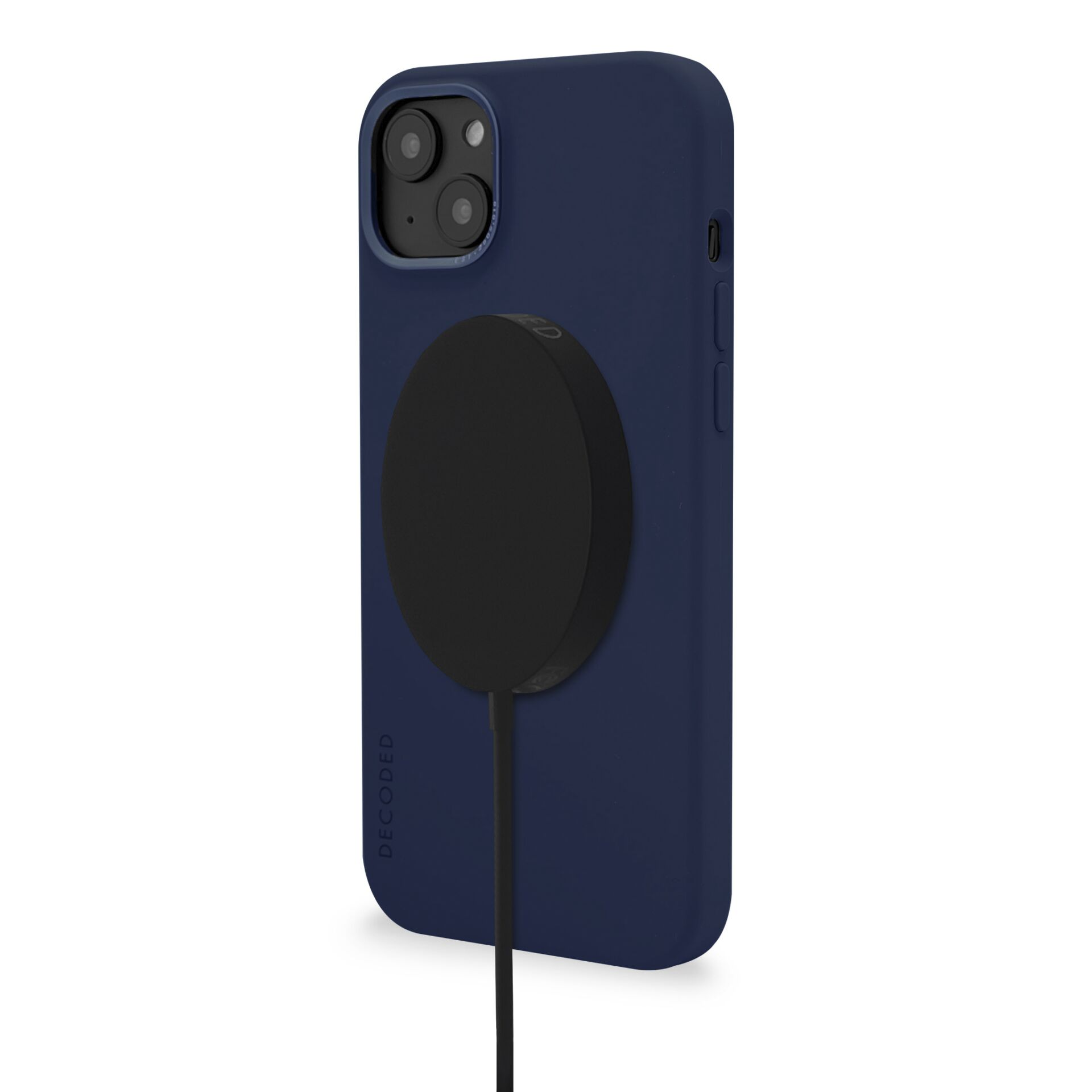 Custodia per telefono blu con caricatore magnetico nero collegato tramite cavo.