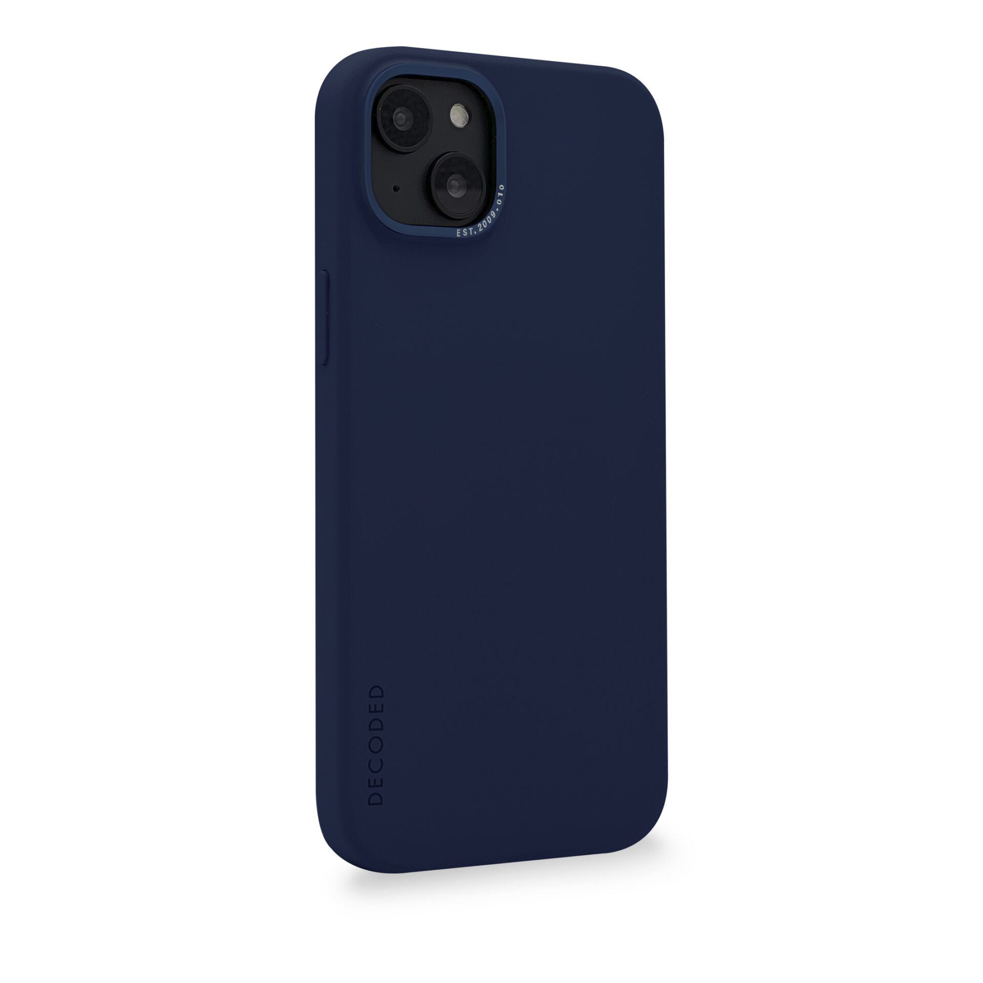 Custodia per telefono blu navy con la scritta DECODED. La custodia è su sfondo bianco. La fotocamera è visibile.