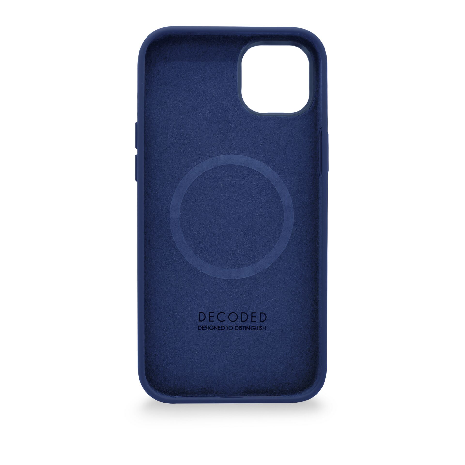 Interno della custodia blu con logo, angoli arrotondati.