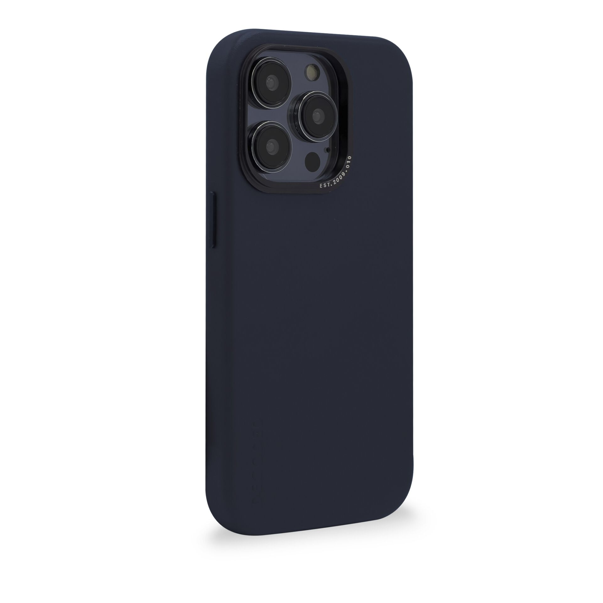 Una custodia per telefono blu navy con sporgenza della fotocamera e bordo nero.