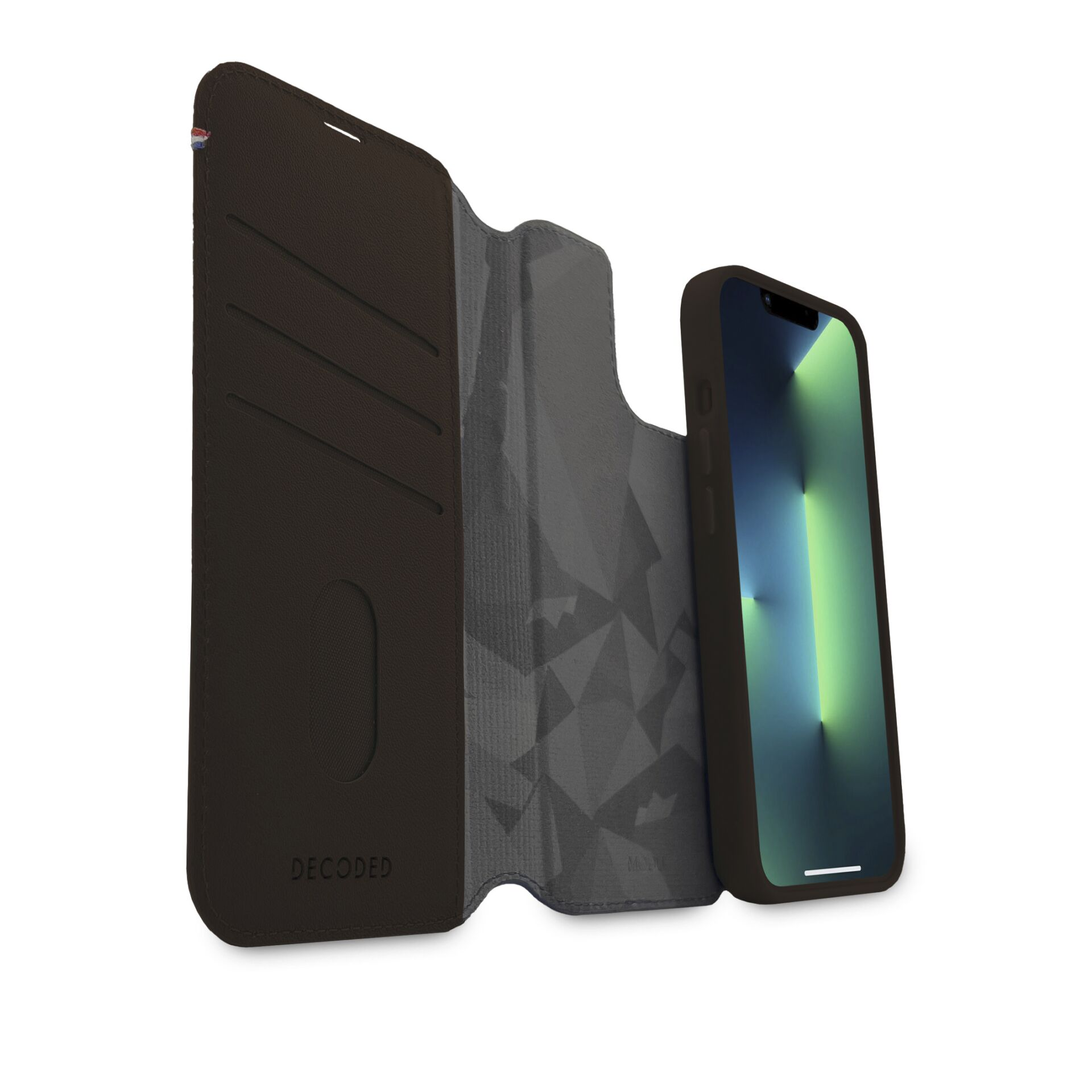 Braune Leder-Wallet-Handyhülle, geöffnet, mit einem Telefon darin.
