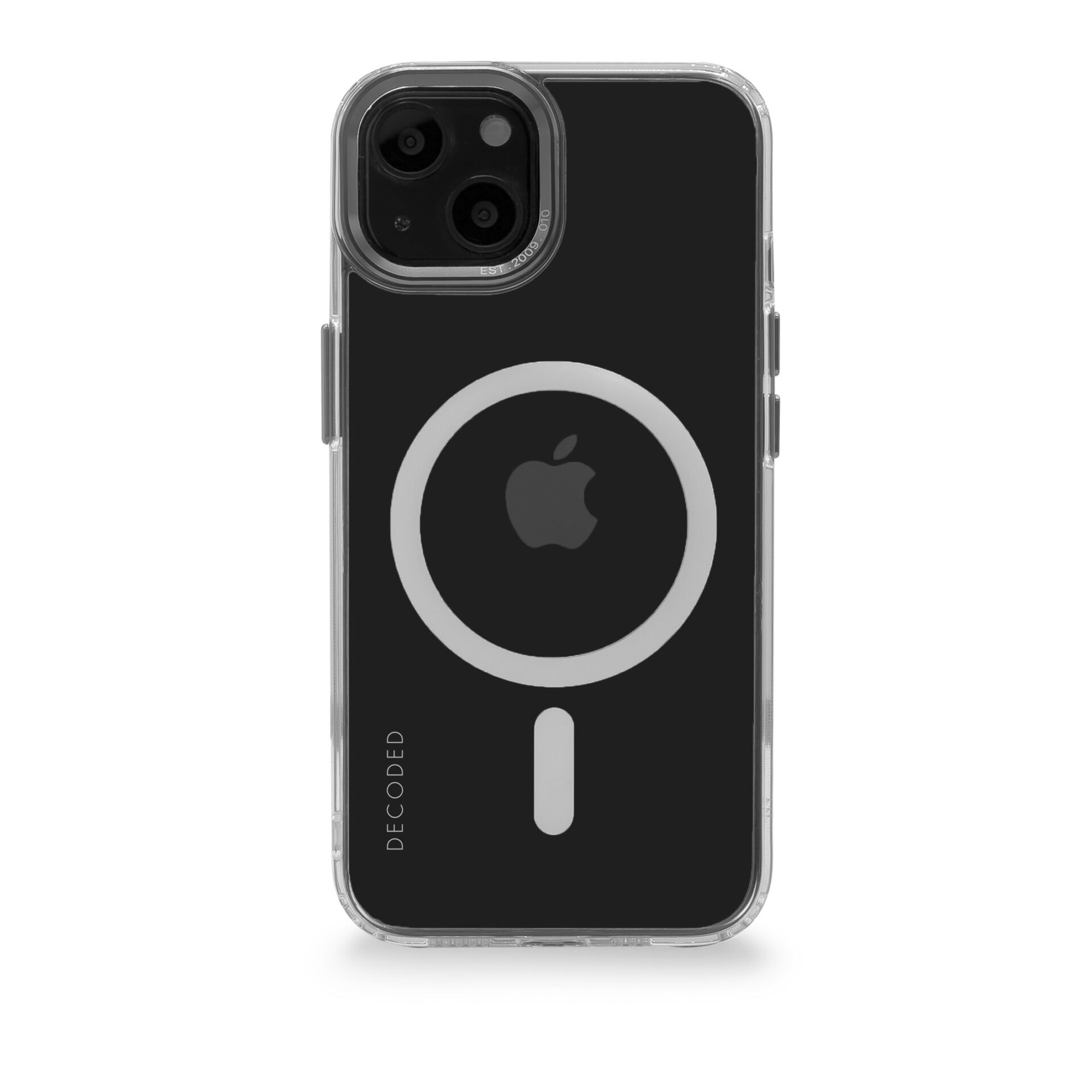 Custodia nera per iPhone con bordo trasparente e cerchio bianco con logo Apple. Su superficie bianca.