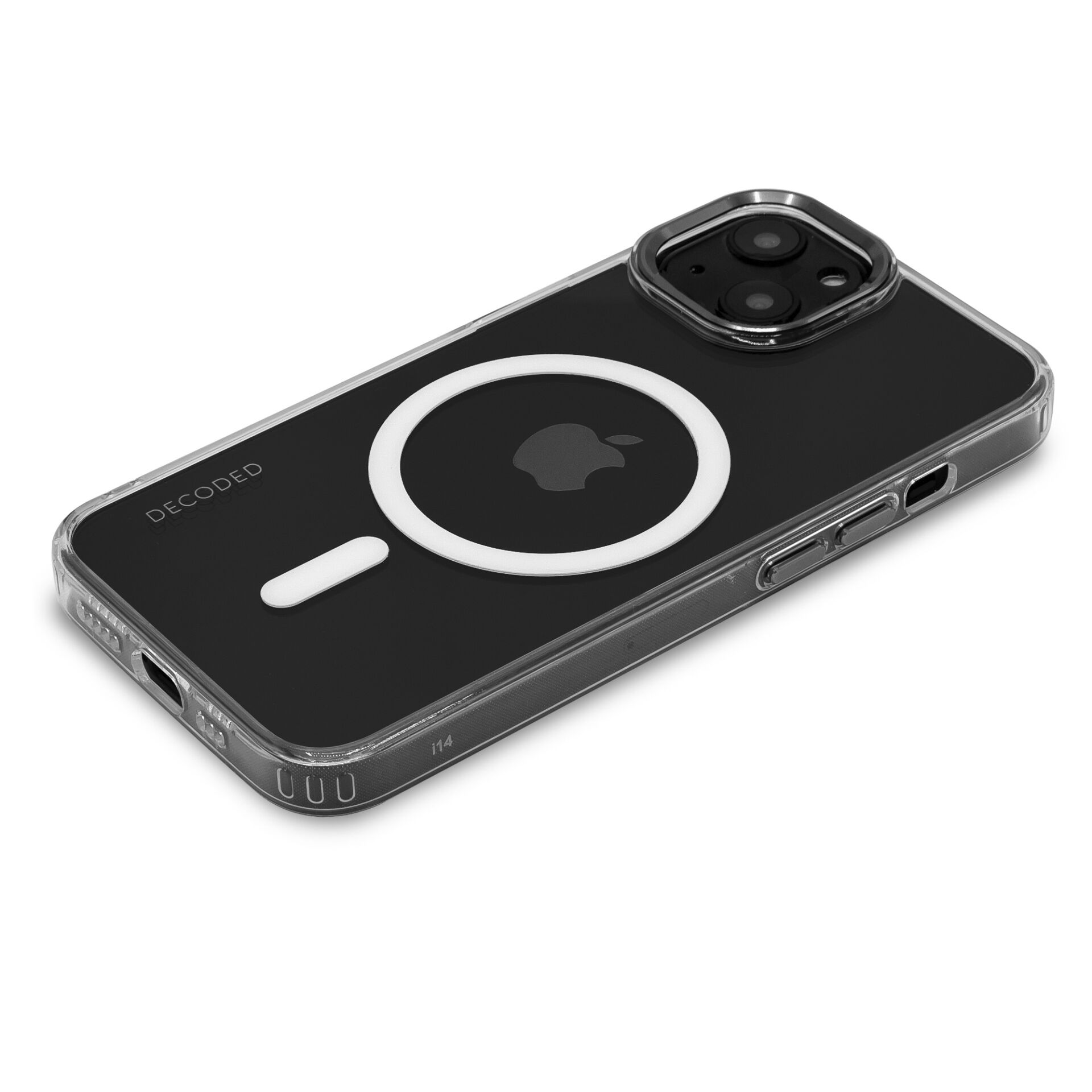 Custodia nera per telefono con anello MagSafe bianco e barra bianca. Sfondo bianco.