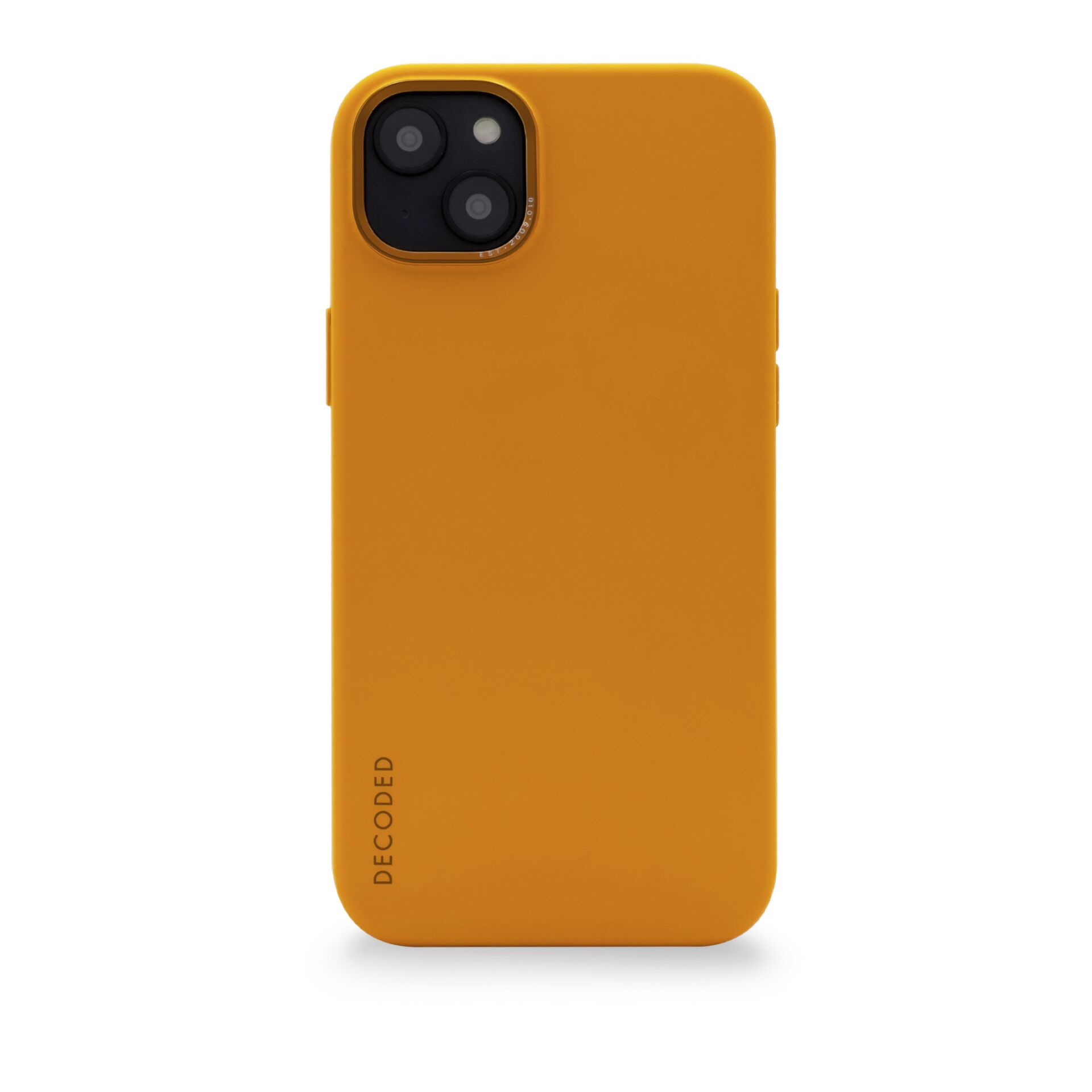 Custodia arancione per telefono con fori per fotocamera e la parola DECODED. Sfondo bianco.