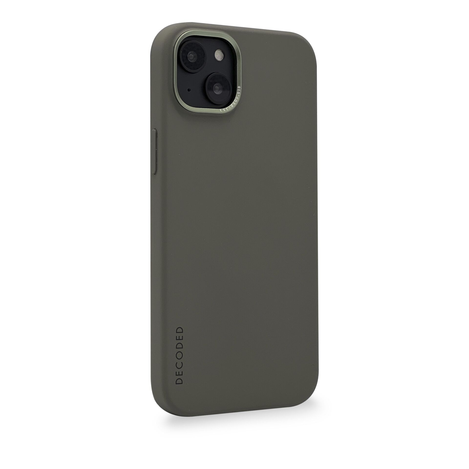 Custodia per telefono verde oliva con rialzo fotocamera, telefono non incluso.