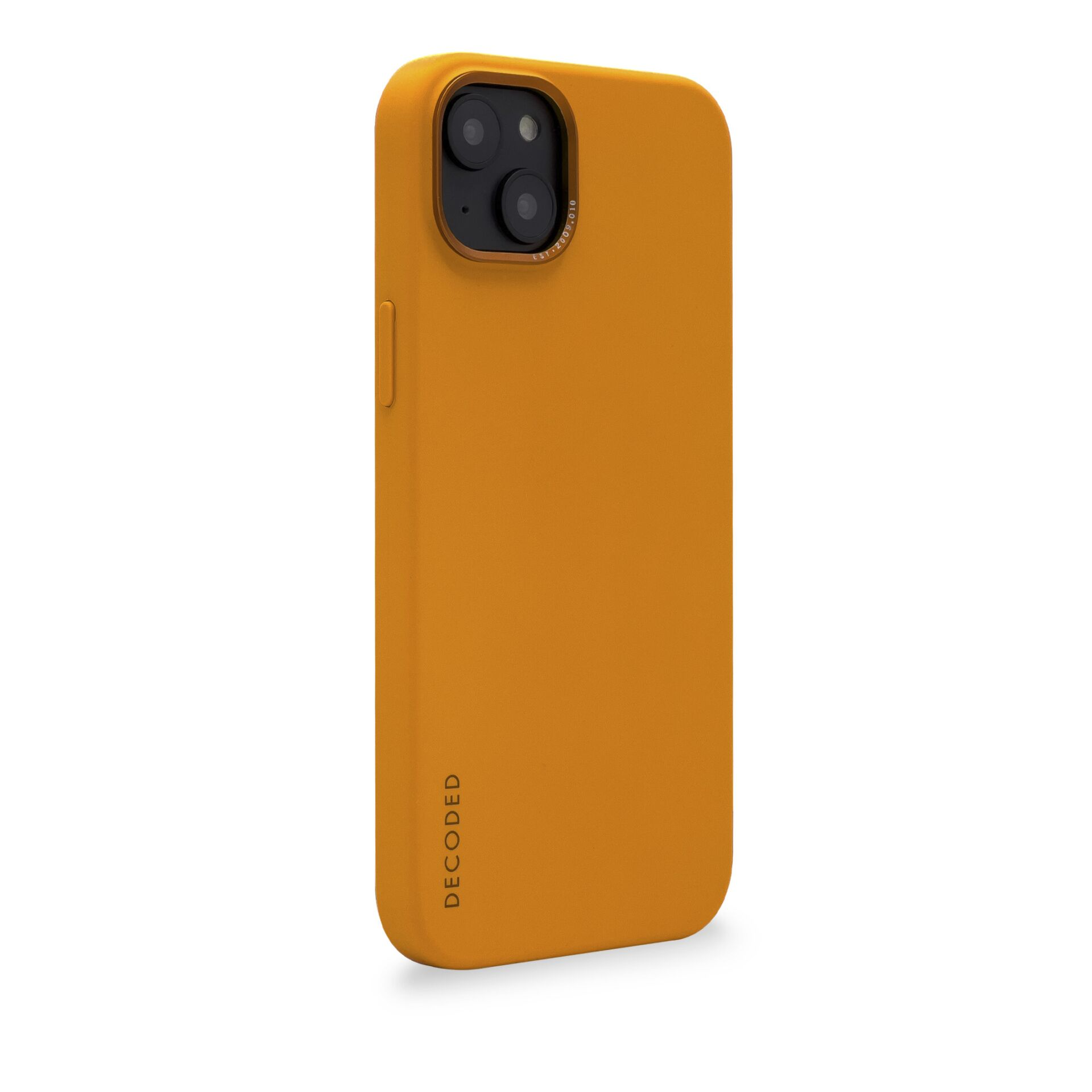 Custodia arancione per telefono su sfondo bianco, vista laterale, con fori per fotocamera e testo 'DECODED'.
